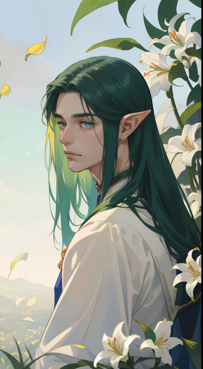masterpiece, best quality, realistic, 1man, male focus, male model, tall muscular, handsome, closed mouth, simple clothes, portrait, extremely detailed face, green sholder-length hair, flying bangs, blue eyes, elf ears, flying petals, white background, simple background, SIDE VIEW, looking at the viewers, view from the back, lily field, MALE ONLY, MALE 4K wallpaper, landscape