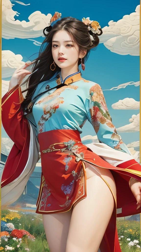 (masterpiece, top quality, best quality, official art, beauty:1.2),（最詳細清晰的contour和五官：2.0，contour：1.0） (1 Chinese goddess:1.5), Very detailed,(Dunhuang艺术:1.1),(Dunhuang，colorful:1.1)(flowers:1.3),most detailed,(Zentangle:1.2), (dynamic posture，Showing thighs:2.0), (Blue sky and white clouds moon background:1.3), (Chinese embroidered Hanfu:1.2), (shiny skin，camel toe：1.2), (Many colors:1.4), ,(earrings:1.4),