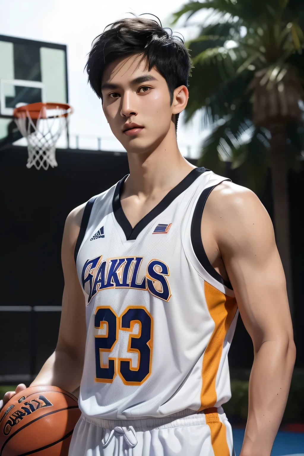 Asian men, basketball player, Handsome, black hair, 25 years old, White skin, sweat a lot, muscular, Clear veins, charming, wearing basketball uniform, sleeveless tops, very short pants, basketball court, evening sun, look at me, gentle eyes , High image details