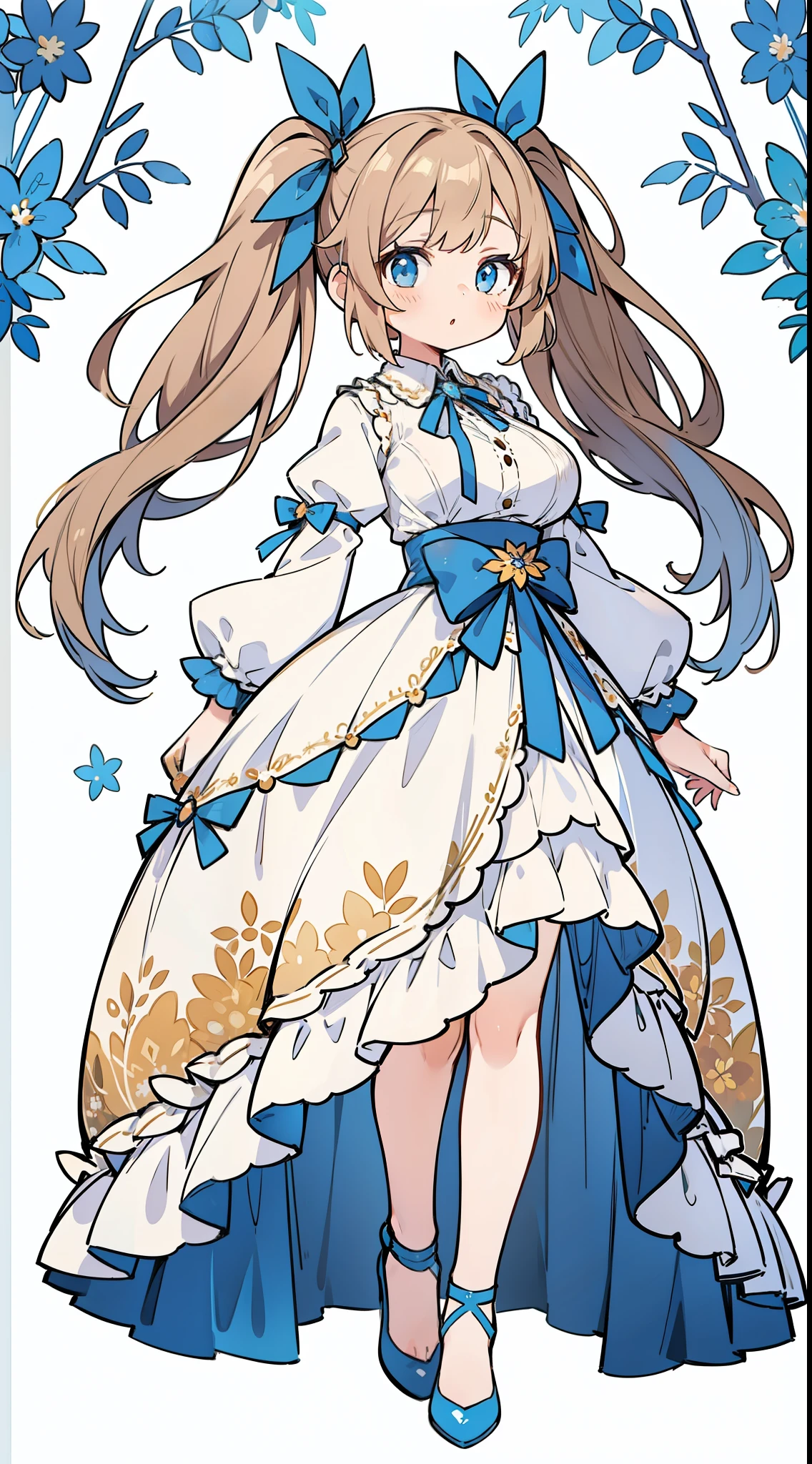 1girl in, fullllbody, Character Design, light brown thin twin tails,,,, With ribbon, florals, Blue eyes, White Sexy Dress, large full breasts, High quality, Wide Shot, Detailed background of the magic café