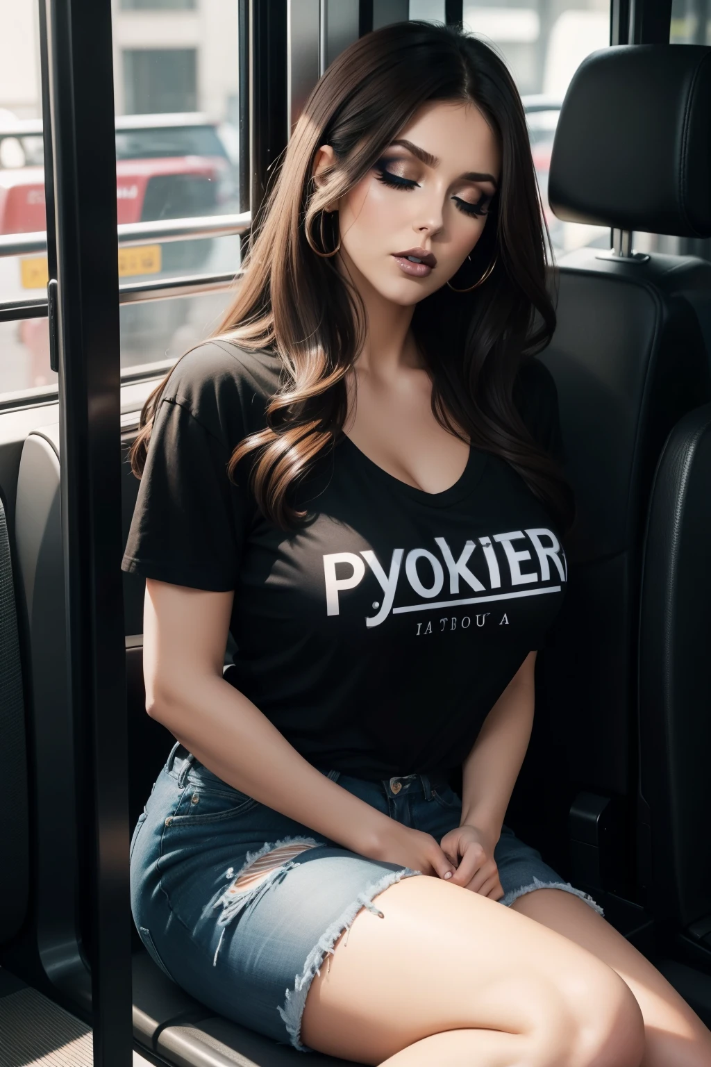 1 beautiful woman, adult, large body, brown hair, long hair, outlined eyelids, made-up eyelids, made-up face, black lips, black t-shirt, rock t-shirt, cleavage, jean shorts, high heels, black heels, sleeping sitting on the bus , mouth open, eyes closed, Lucy Pinder, (( very intense makeup)).