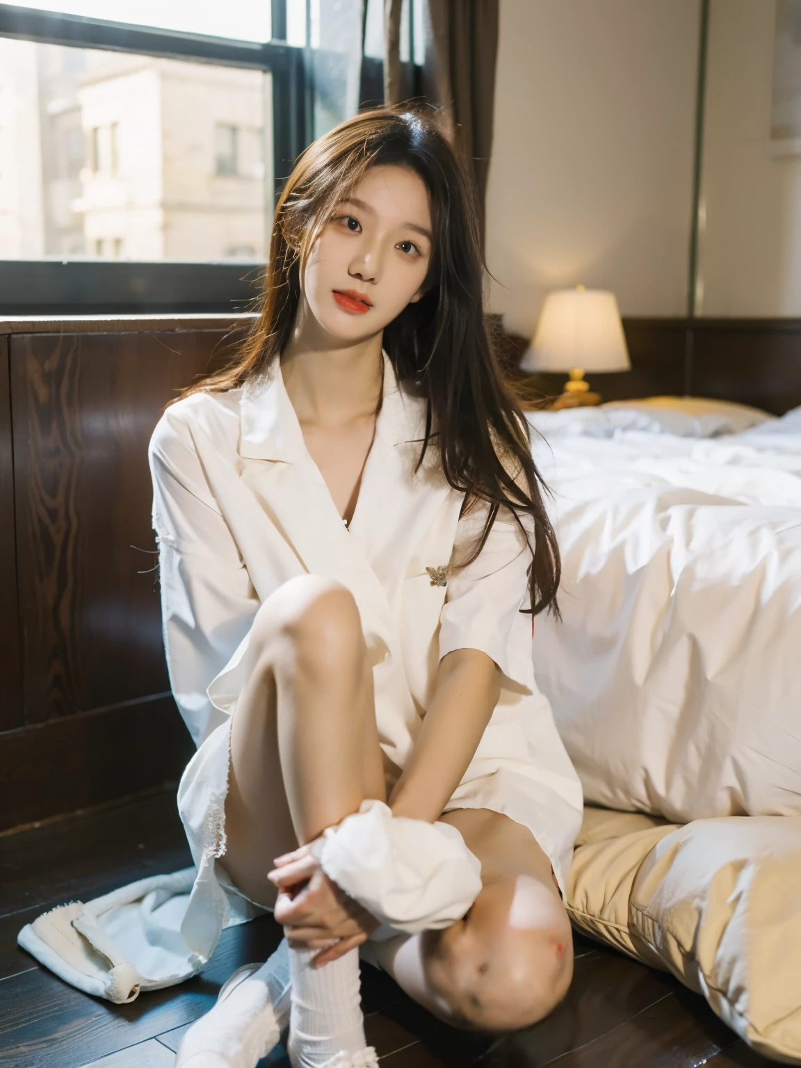 white stockings,best qualtiy,tmasterpiece,ultra high resolution,(realisticlying:1.4),age girl,Juvenile,Thin and light, eyes with brightness