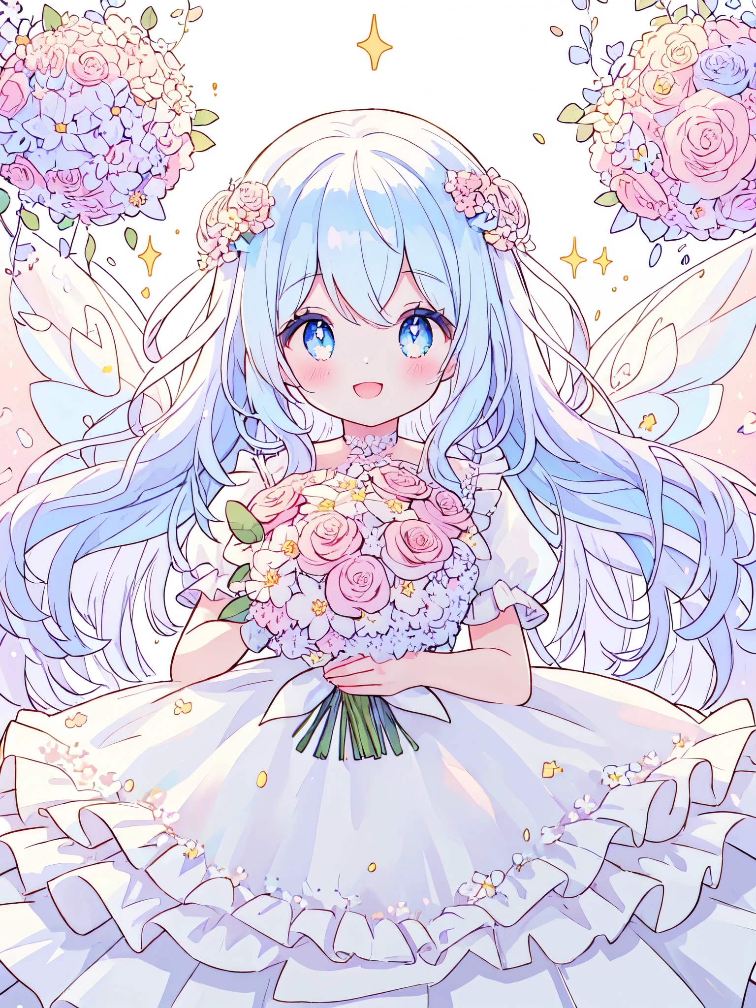 beautiful fairy girl in tiered colorful gradient ballgown dress, (highest quality,masterpiece,16K or 8K,Super detailed,gradient glitter ),(Upper body、front)、A dress decorated with lots of frills and flower decorations、 fairy princess、 giant white fairy wings、 Flowers and colorful plants, beautiful, masterpiece, highest quality、gradient hair, light blue hair, floating hair, wavy hair,fluffy hair、 Hair in the wind, pastel wreath on head,Lavender colored eyes, long eyelashes, beautiful eyes、pointed ears, light smile, bright pupils, ((Sparkling fluffy layered ball gown)), (Dazzling smile),((He holds a large bouquet of pastel colored flowers in his hand.))(magic, Whimsical),digital illustration, highest quality,High resolution, romantic academia, romantic atmosphere, fantasy, white background, with a rose, with a tree, in the field of flowers, in the rose garden, happy, laughing,