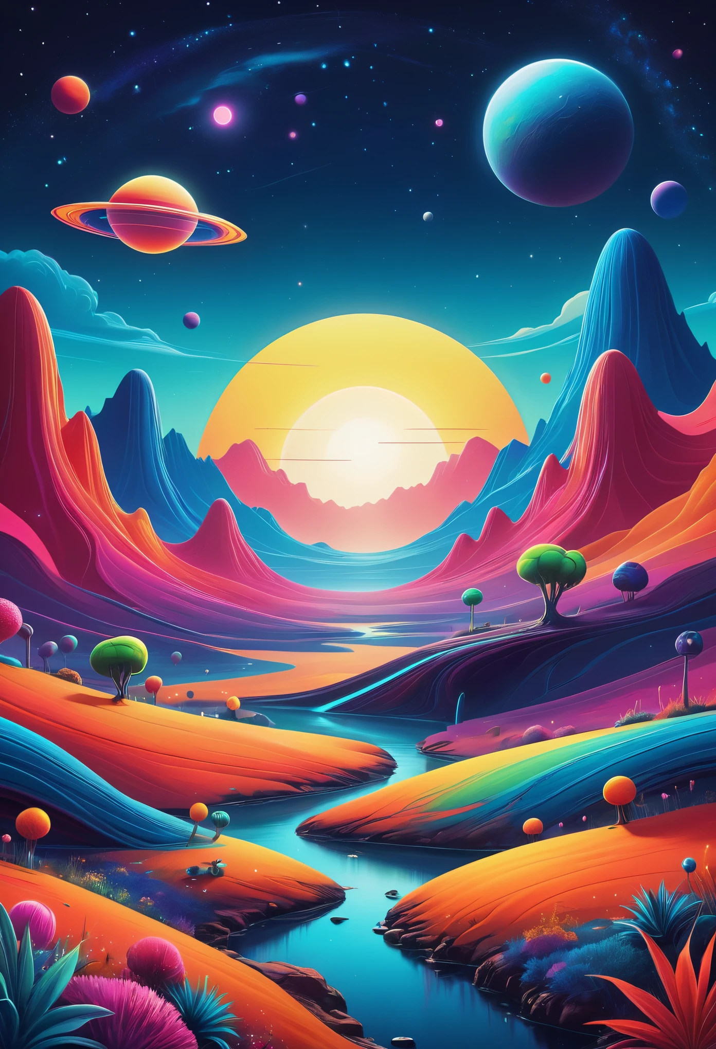 An alien landscape bursting with vibrant colors and whimsical features would captivate the imagination in a POP Illustration. The scene would depict a cute alien creature, with round, expressive eyes, playfully exploring the pleasantly strange terrain. The landscape would be adorned with thick lines, adding depth and dimension to the rich colors, which pop against the backdrop of the cosmically inspired setting. The overall effect would be a contemporary art masterpiece, filled with joy and wonder, inviting the viewer to explore the infinite possibilities of this fascinating world. (lg), (masterpiece), contemporary art, colorful illustration, thick lines, rich colors, alien landscape, pop art, cute alien,