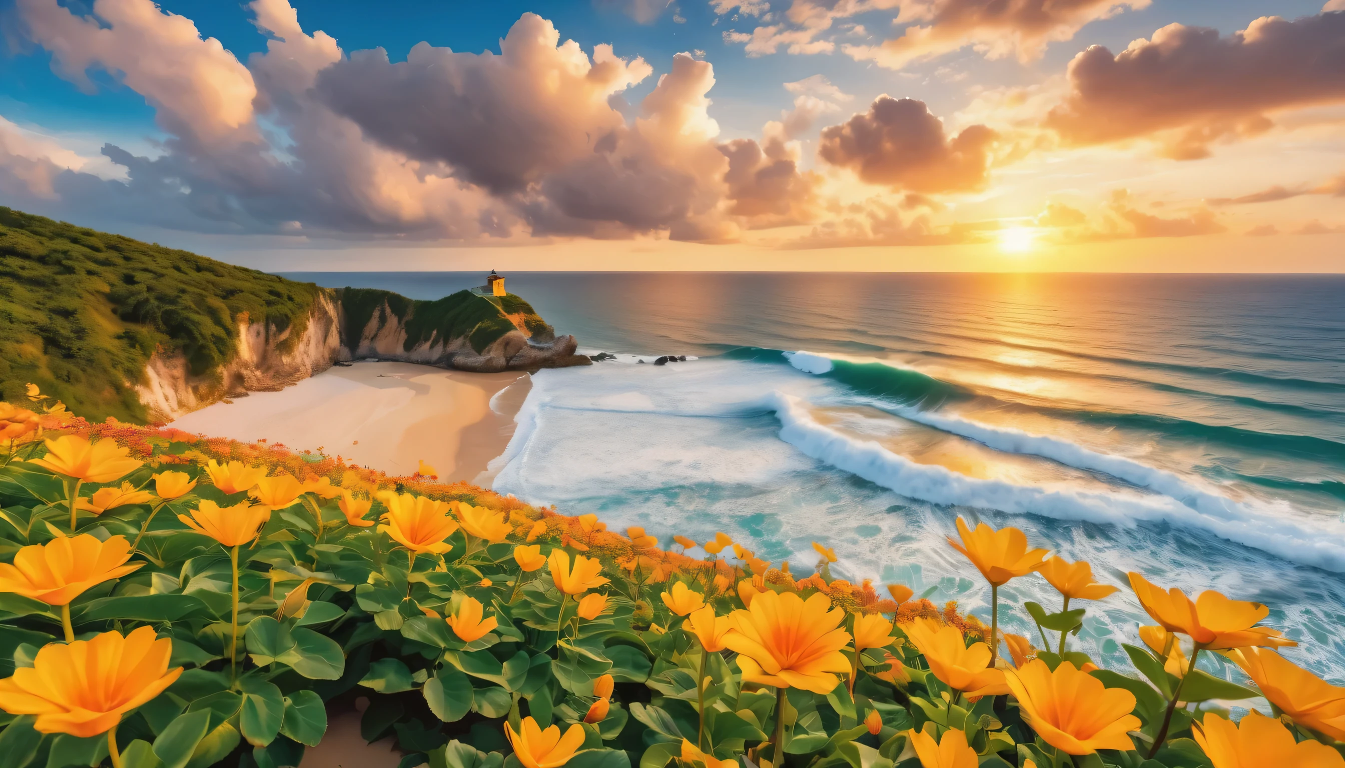 The background of the picture is peaceful by the sea, and the sun was shining brightly, The waves crash against the beach, Flowers bloom on the beach, Melodious sound, Strange clouds stand out, first-person view, panorama, UHD,(Best Quality),(Masterpiece Photos), (Details:1.4),(8k Highly Detailed)(Best Quality),(Best Shading)