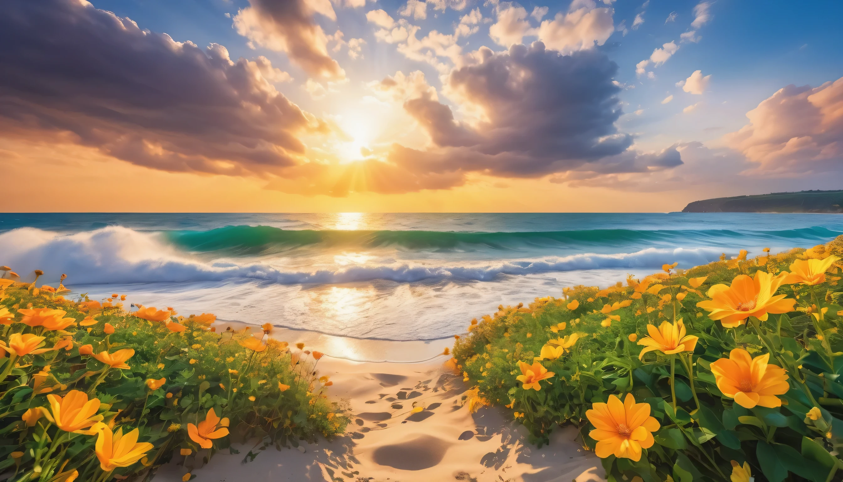 The background of the picture is peaceful by the sea, and the sun was shining brightly, The waves crash against the beach, Flowers bloom on the beach, Melodious sound, Strange clouds stand out, first-person view, panorama, UHD,(Best Quality),(Masterpiece Photos), (Details:1.4),(8k Highly Detailed)(Best Quality),(Best Shading)