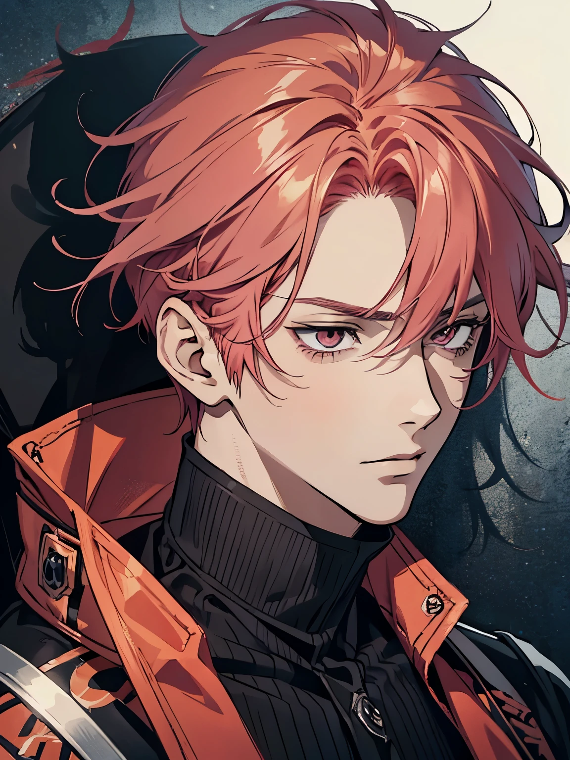 A man with pink-red hair and black clothes., handsome face, timid, Highly detailed anime boy, Manga wallpaper 4K, anime boy, Detailed anime character art