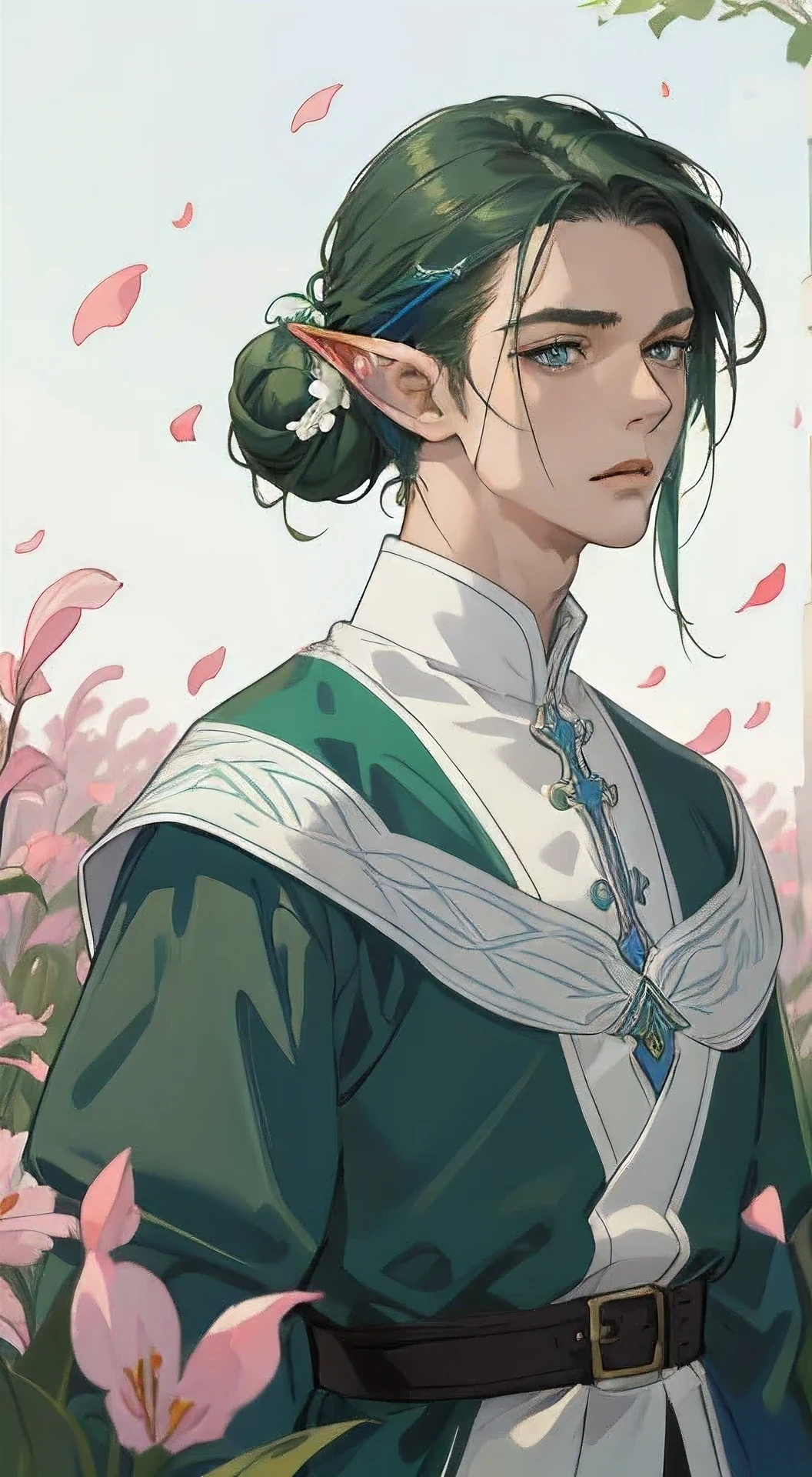 masterpiece, best quality, realistic, 1man, male focus, male model, tall muscular, handsome, closed mouth, simple clothes, portrait, extremely detailed face, green sholder-length hair in a bun, flying bangs, blue eyes, elf ears, flying petals, white background, simple background, SIDE VIEW, looking at the viewers, view from the back, lily field, MALE ONLY, MALE 4K wallpaper, landscape