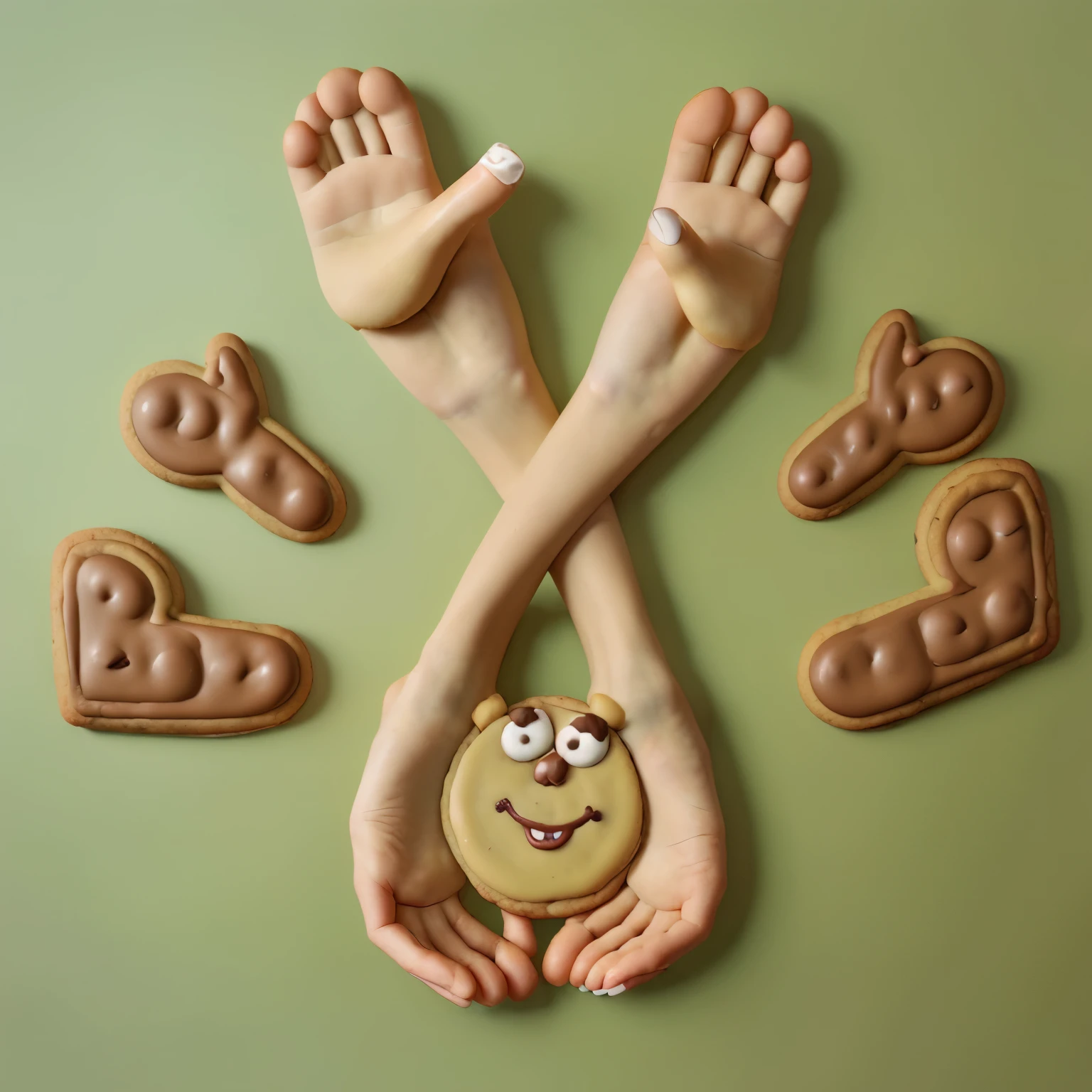 Cookies in the shape of cartoon characters' hands and feet,Chocolate chip cookies,Realistic