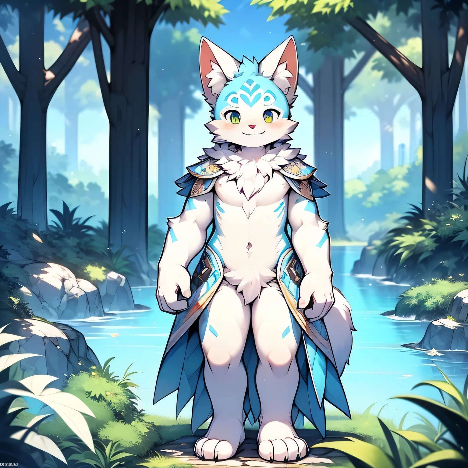 anthropomorphic cat,fluffy fur,Yellow and white patterned fur embellished with blue patterned fur,Handsome,Males,Alone,masterpiece,super high quality,in the forest,Smiling with bared teeth,Energetic,rich in detail,standing,perfect,naked