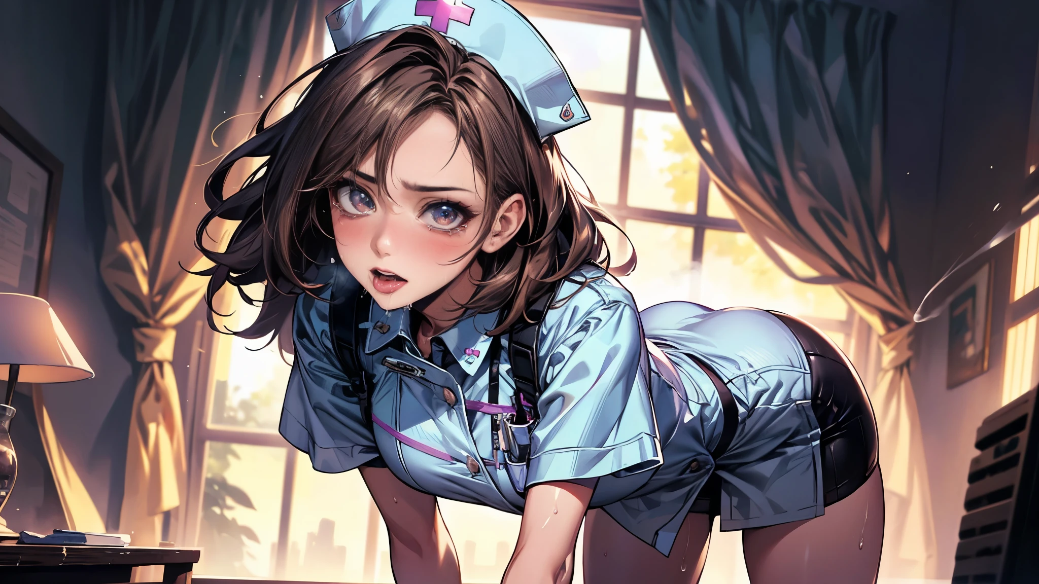 ((Best quality, 8K, Masterpiece: 1.3, 1girl, Beautiful girl)), cute, Dynamism, Detailed face, Detailed skin, detailed clothes, Detailed eyes, Detailed lips, Detailed tongue, Detailed fingers, Detailed mouth, Photorealistic, Raw photo, highres, Natural lighting, dynamic pose, perfect anatomy, toned legs, double eyelids, tear bags, round eyes, moist lips, sweaty, nurse cap, nurse costumes, hospital, Medical Clinic, Medical gloves, rainbow hair, blush, ecstatic face, steam, looking at viewer, brown hair