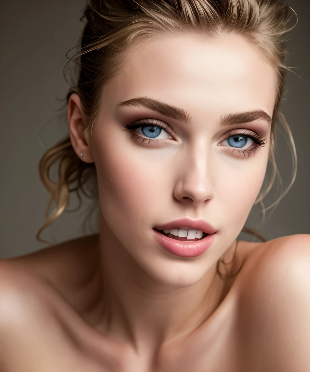 fashion model 25 years old, [[closeup]], [[[[chest]]]], [[neck]], [shoulders], perfect eyes, perfect iris, perfect lips, perfect teeth, perfect fine skin, soft front light, glow, HDR, (muted colors:1.2), extremely high detailed,