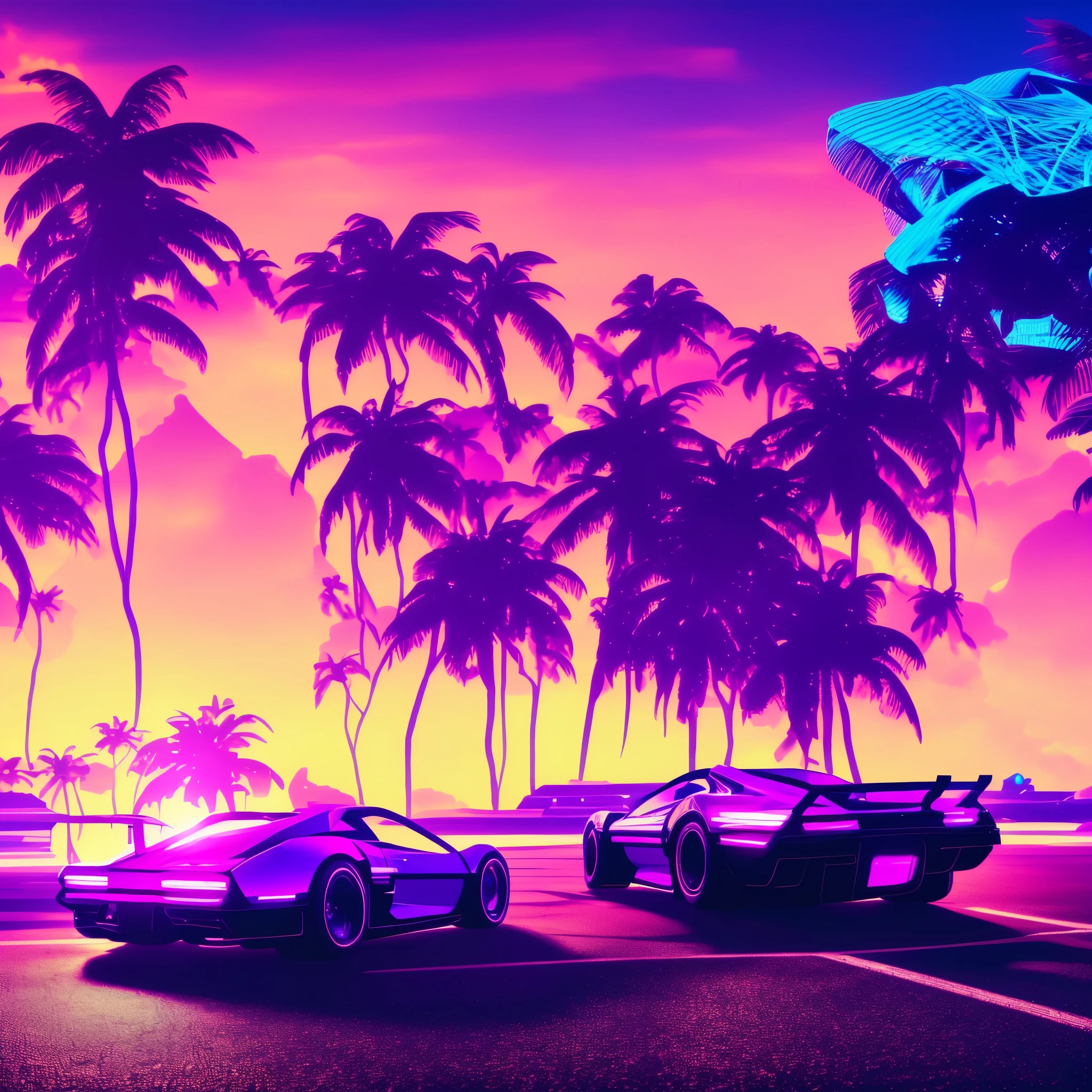 a synthwave track with cars, colors purple, faint blue, and yellow, synthwave sun, perfect quality, ultra resolution, very detailed, masterpiece, 4k hd.
