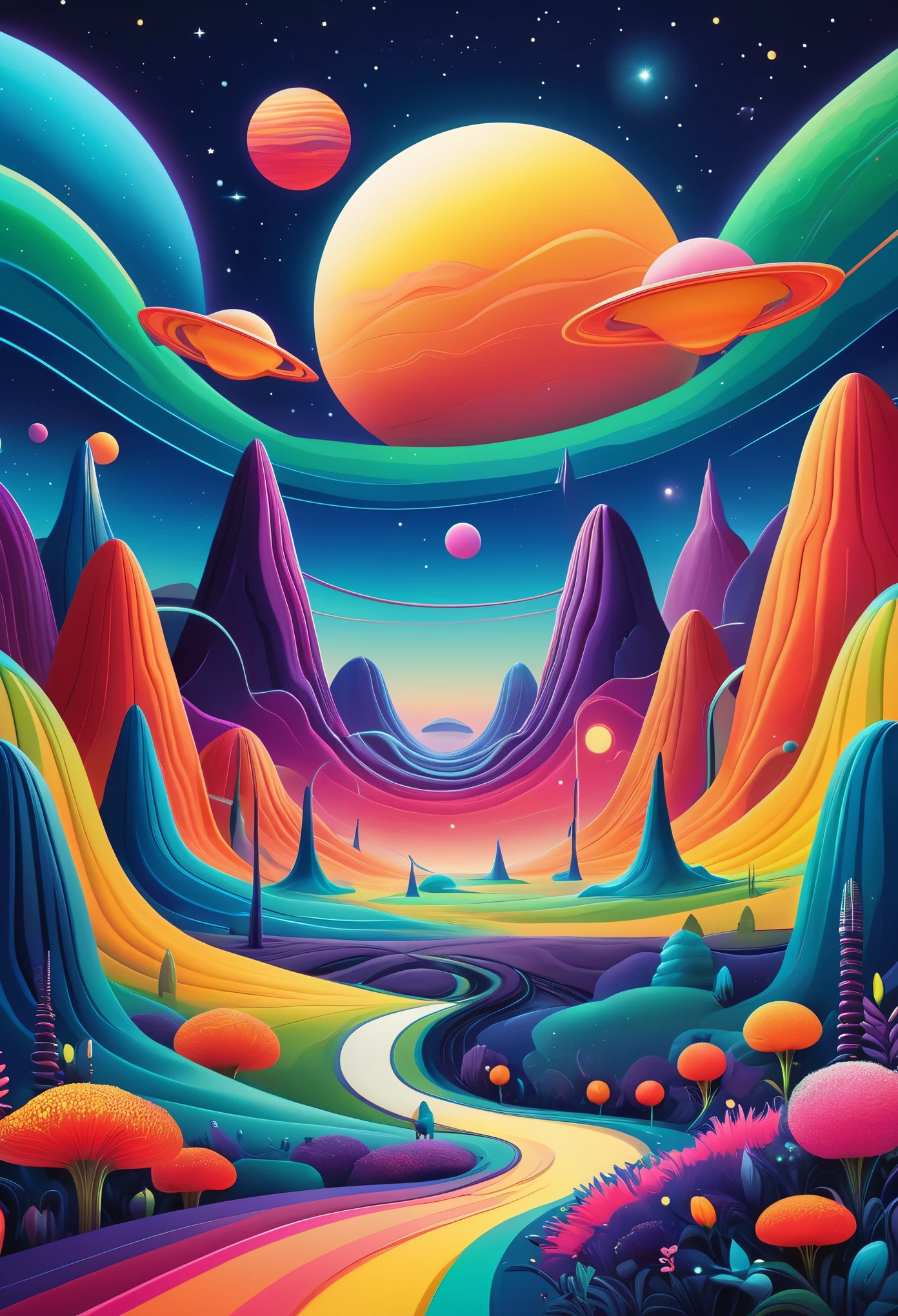 An alien landscape bursting with vibrant colors and whimsical features would captivate the imagination in a POP Illustration. The scene would depict a cute alien creature, with round, expressive eyes, playfully exploring the pleasantly strange terrain. The landscape would be adorned with thick lines, adding depth and dimension to the rich colors, which pop against the backdrop of the cosmically inspired setting. The overall effect would be a contemporary art masterpiece, filled with joy and wonder, inviting the viewer to explore the infinite possibilities of this fascinating world. (lg), (masterpiece), contemporary art, colorful illustration, thick lines, rich colors, alien landscape, pop art, cute alien,