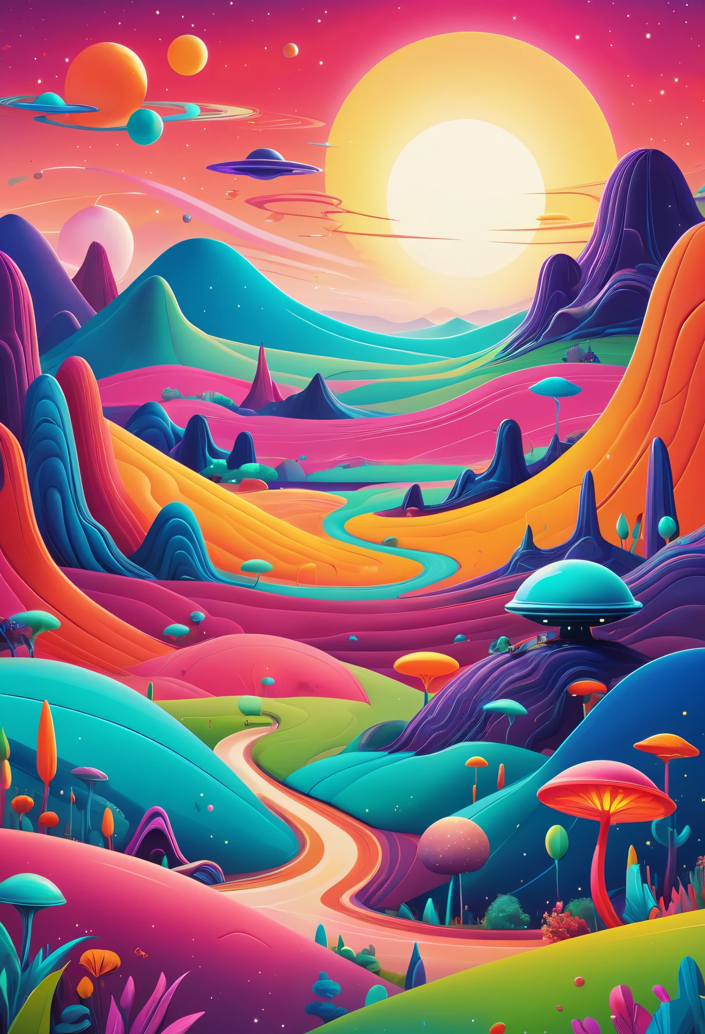 An alien landscape bursting with vibrant colors and whimsical features would captivate the imagination in a POP Illustration. The scene would depict a cute alien creature, with round, expressive eyes, playfully exploring the pleasantly strange terrain. The landscape would be adorned with thick lines, adding depth and dimension to the rich colors, which pop against the backdrop of the cosmically inspired setting. The overall effect would be a contemporary art masterpiece, filled with joy and wonder, inviting the viewer to explore the infinite possibilities of this fascinating world. (lg), (masterpiece), contemporary art, colorful illustration, thick lines, rich colors, alien landscape, pop art, cute alien,