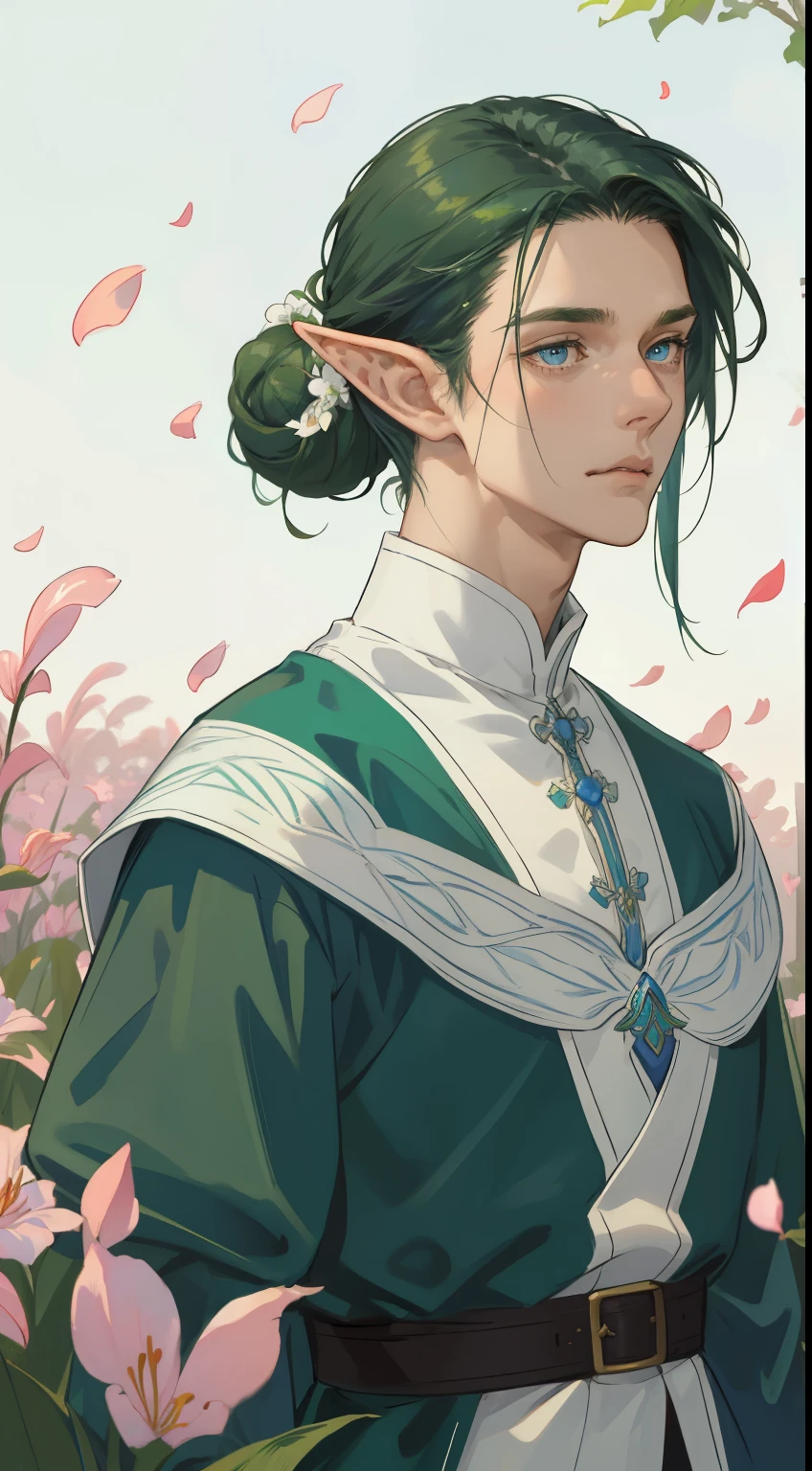 masterpiece, best quality, realistic, 1man, male focus, male model, tall muscular, handsome, closed mouth, simple clothes, portrait, extremely detailed face, green sholder-length hair in a bun, flying bangs, blue eyes, elf ears, flying petals, white background, simple background, SIDE VIEW, looking at the viewers, view from the back, lily field, MALE ONLY, MALE 4K wallpaper, landscape