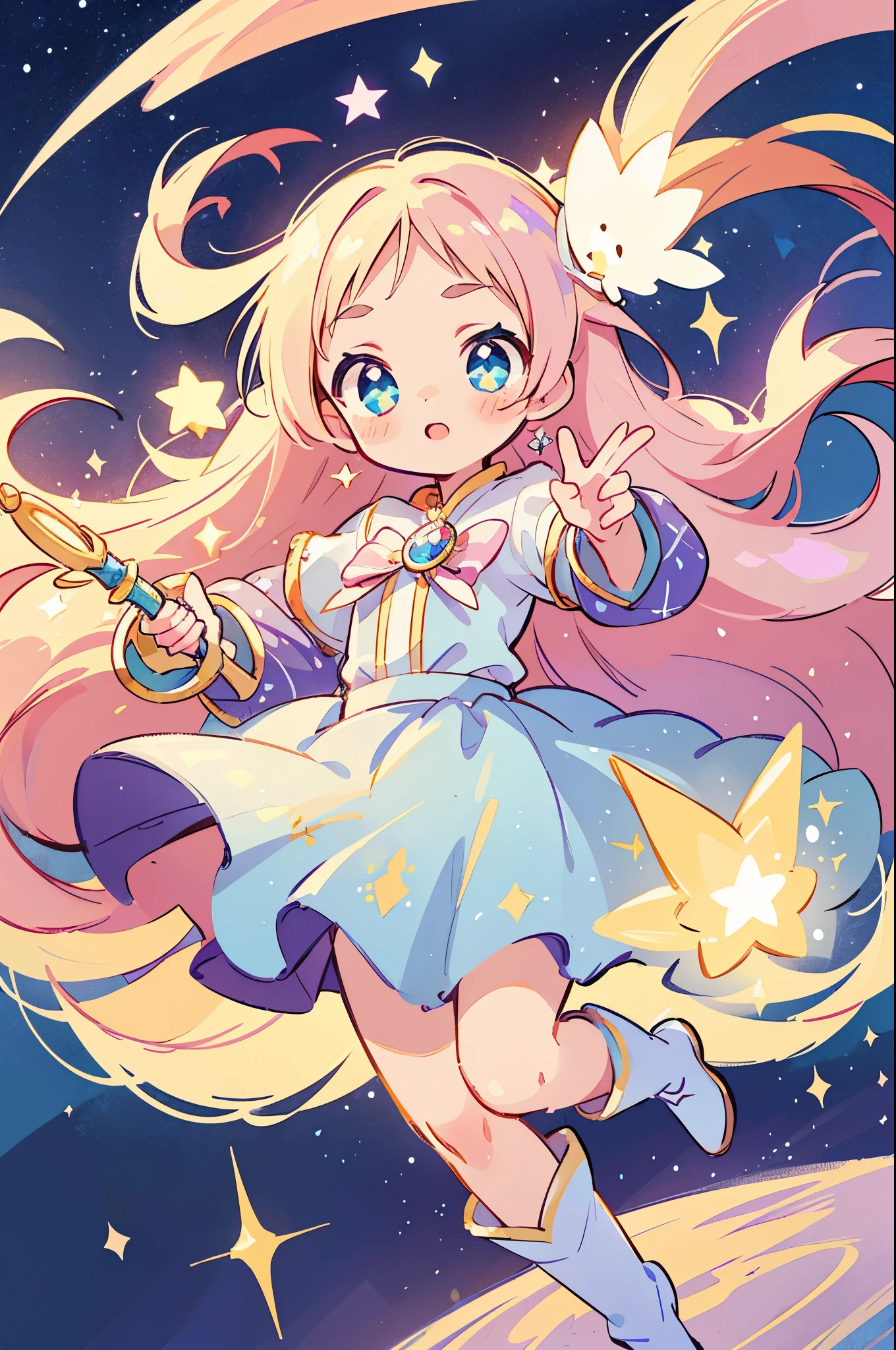 ((magical girl)), ((Gorgeous starry sky background)), ((Ultra-detailed)), ((Best Illustration)), ((Cinematic lighting)), Dynamic Angle, Floating, finely detailed, (glitters:1.2), (Sparkle:1.2), (Shine:1.2), classic, (Painting:1.1), (Sketch:1.1), (Best quality), (Masterpiece:1.2), (Anime style), (Solo), Beautiful detailed face, (Cute face:1.3), (Big eyes:1.3), Colorful hair, (Long hair:1.2), (Floating hair:1.2), (magical girl outfit), detailed outfits, (Sparkling wand:1.3), (Magical effect:1.3), (Flowing skirt:1.2), (Cute boots:1.1), (Transparent fabric:1.1), (Twinkle:1.2), (Glow:1.2), (Radiance:1.2), (Flicker:1.2), (Dazzle:1.2)
