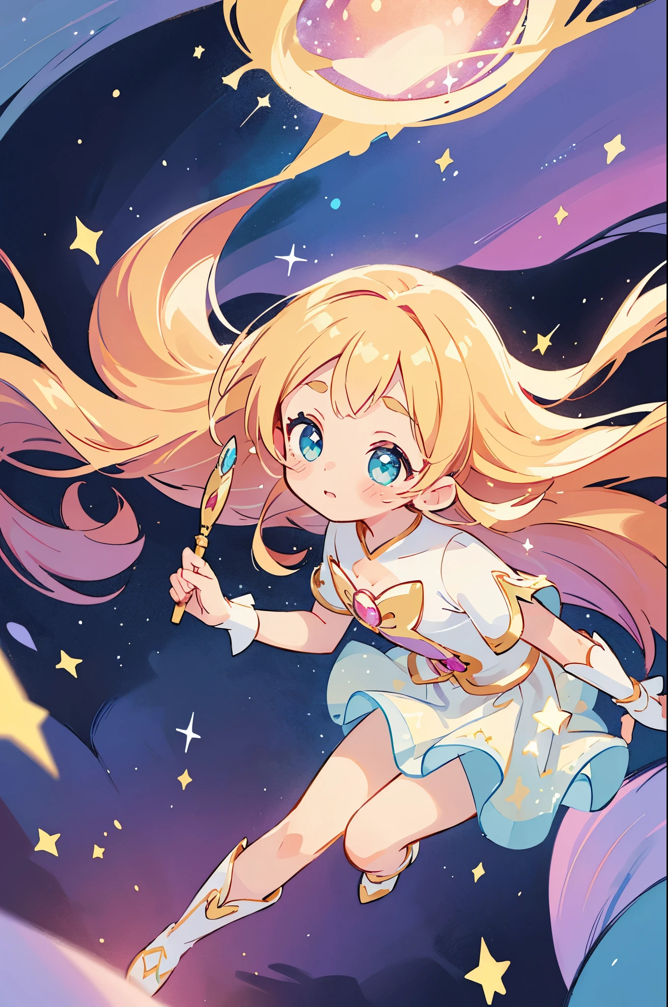 ((magical girl)), ((Gorgeous starry sky background)), ((Ultra-detailed)), ((Best Illustration)), ((Cinematic lighting)), Dynamic Angle, Floating, finely detailed, (glitters:1.2), (Sparkle:1.2), (Shine:1.2), classic, (Painting:1.1), (Sketch:1.1), (Best quality), (Masterpiece:1.2), (Anime style), (Solo), Beautiful detailed face, (Cute face:1.3), (Big eyes:1.3), Colorful hair, (Long hair:1.2), (Floating hair:1.2), (magical girl outfit), detailed outfits, (Sparkling wand:1.3), (Magical effect:1.3), (Flowing skirt:1.2), (Cute boots:1.1), (Transparent fabric:1.1), (Twinkle:1.2), (Glow:1.2), (Radiance:1.2), (Flicker:1.2), (Dazzle:1.2)