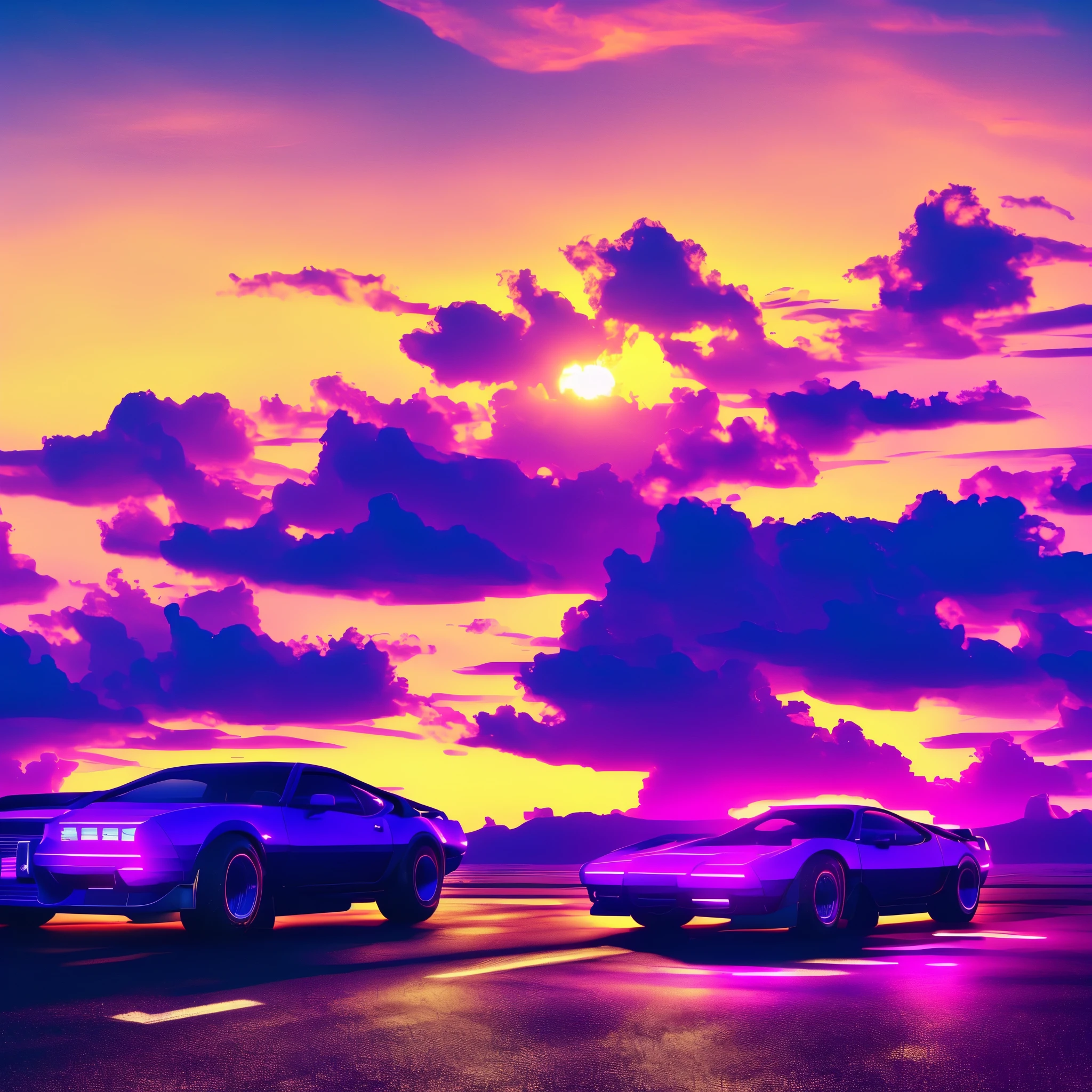 a synthwave track with cars, colors purple, faint blue, and yellow, synthwave sun, perfect quality, ultra resolution, very detailed, masterpiece, 4k hd.
