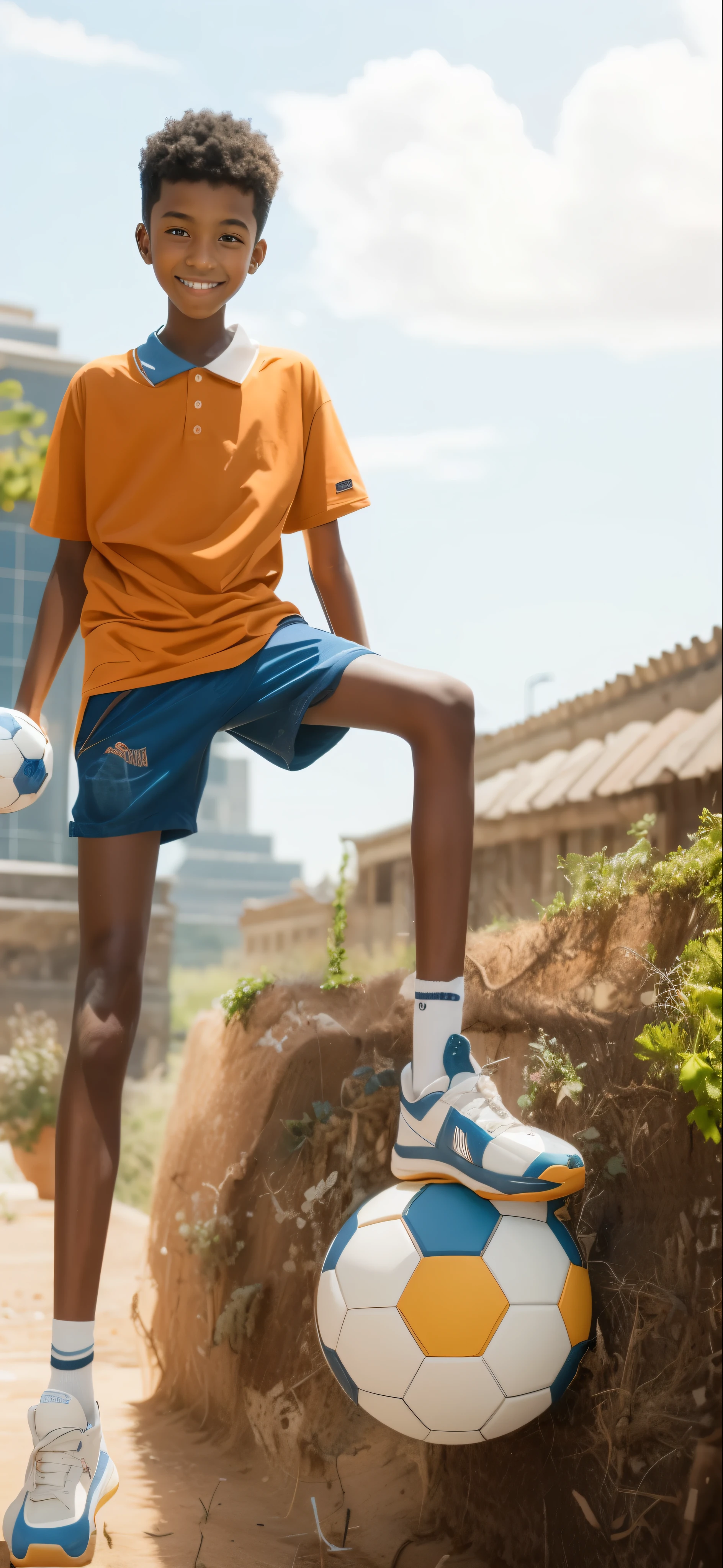 14 year old boy,brown skin,melon seed shaped face,(white shorts),polo t-shirt, blue socks,Big round eyes,very short hair,toothy smile,Highest quality,,There are no muscle lines,Bright colors,Pictures with high saturation,sharpen,galaxy,Milky Way,aurora ,Stereoscopic depth of field