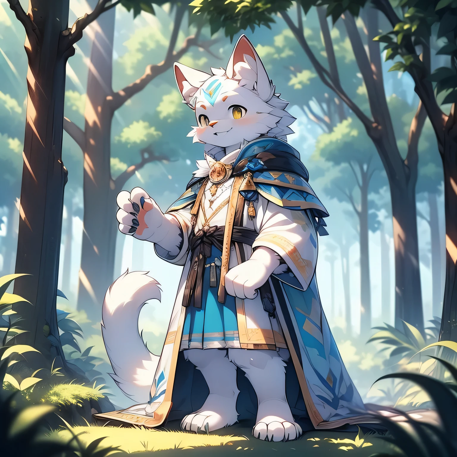 anthropomorphic cat，fluffy fur，Yellow and white patterned fur embellished with blue patterned fur，Handsome，Males，Alone，masterpiece，super high quality，in the forest，Smiling with bared teeth，Energetic，rich in detail，standing，perfect，Not hanging on at all