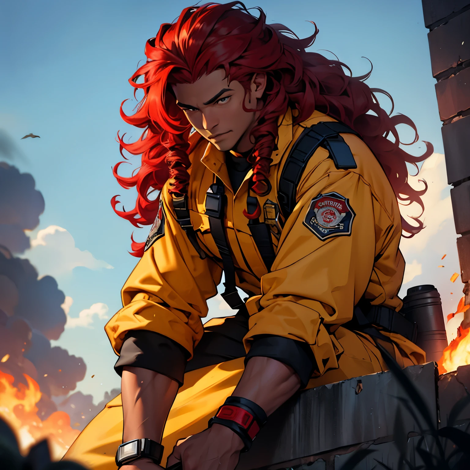 1 man, dark skin, very long hair, red hair, very strong body, curly hair, firefighter outfit 