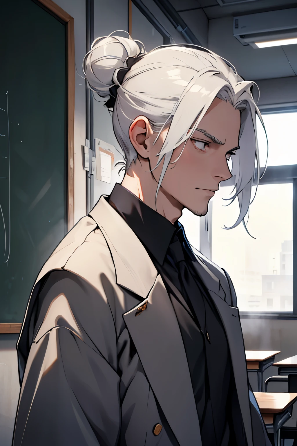 a tall man, teacher, Elderly, White hair, bun at the back of the head, shoulder-length hair, gray sharp eyes
