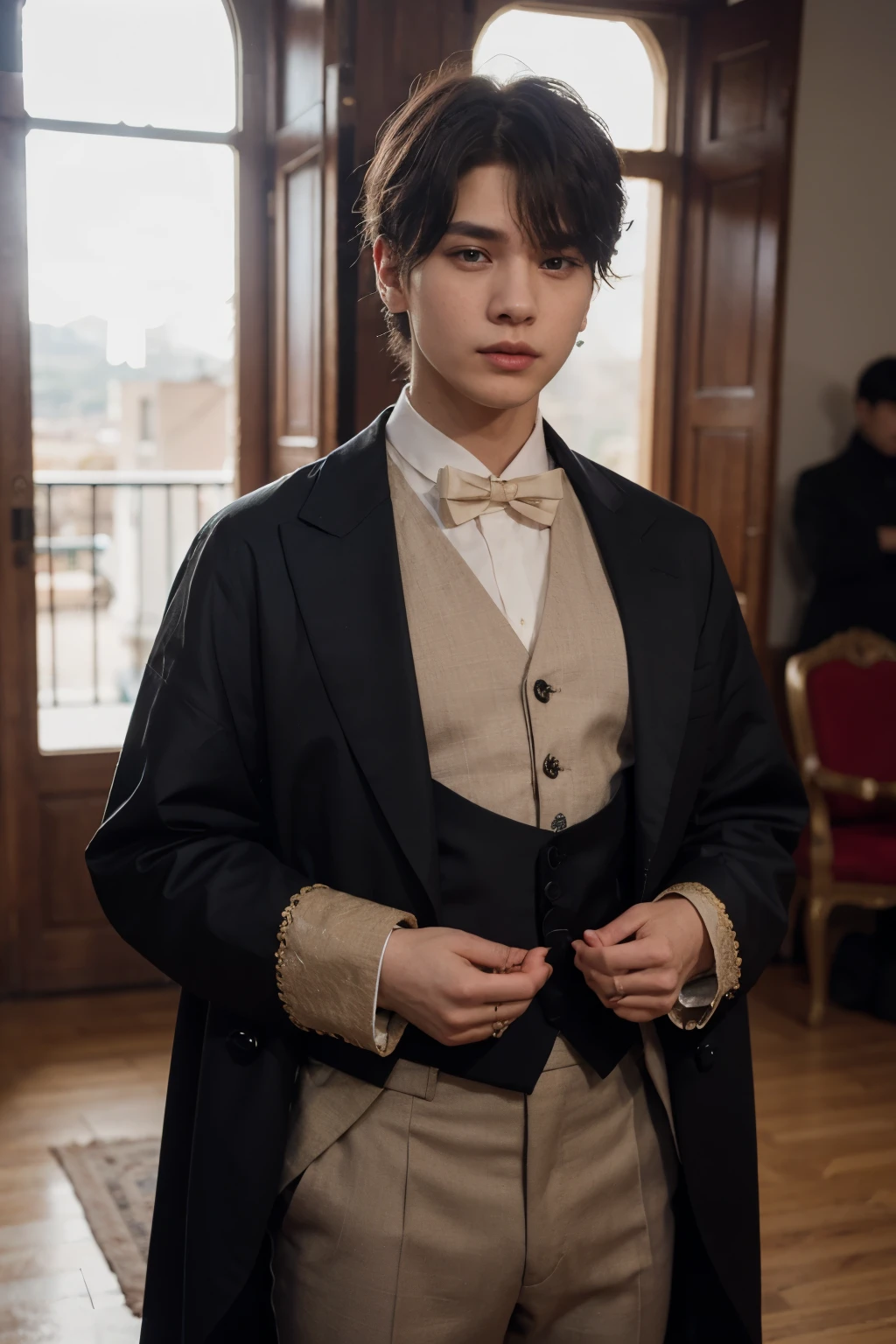 ((Mejor calidad)), ((obra maestra)), (detallado), Jimin y Yoongi, ambos vestidos con atuendos realistas de un reino medieval. Jimin llevar un traje elegante con detalles dorados, like a prince, with a red cape fluttering behind him. Mientras tanto, Yoongi could wear a more reserved but still elegant outfit, como un caballero de confianza, con una capa negra que refleje su aire misterioso.
