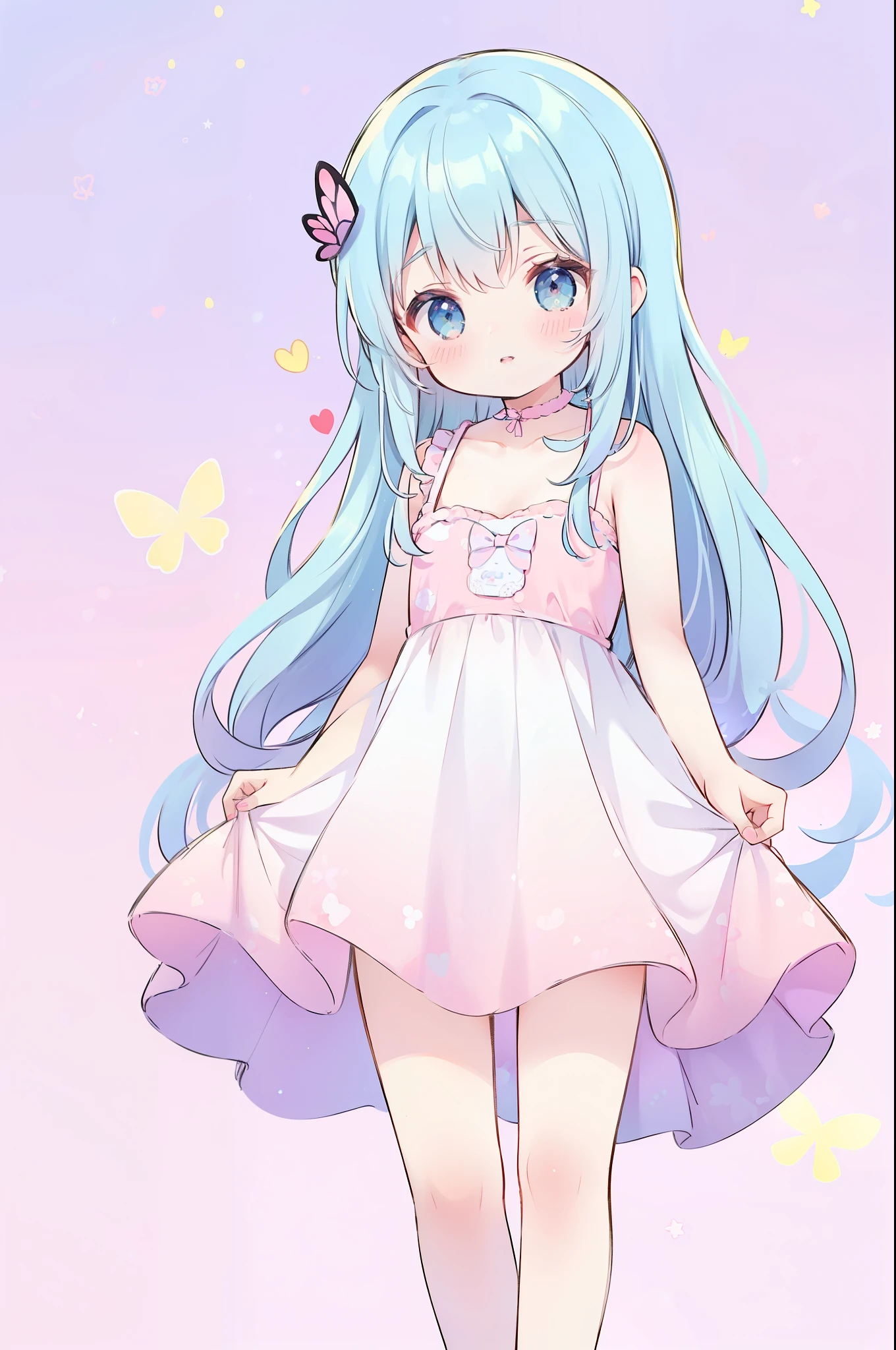 (pastel background), patterned background, (small doodles everywhere), cute hearts, stars, butterflies, cute girl, colorful gradient dress