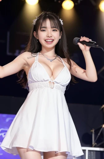 best quality, detailed, beautiful, insanely detailed, absurdres,perfect anatomy,
Japanese woman,black hair,27 years old,
(slender),
(small breasts),
(full body shot:1.0), arena, cheerful grin, standing, front view, blindfold, wave hair, (white fancy mini dress:1.0),(cleavage:1.2), (A scene where they sing passionately at a live performance:1.2), with a microphone, (View from below:1.3)