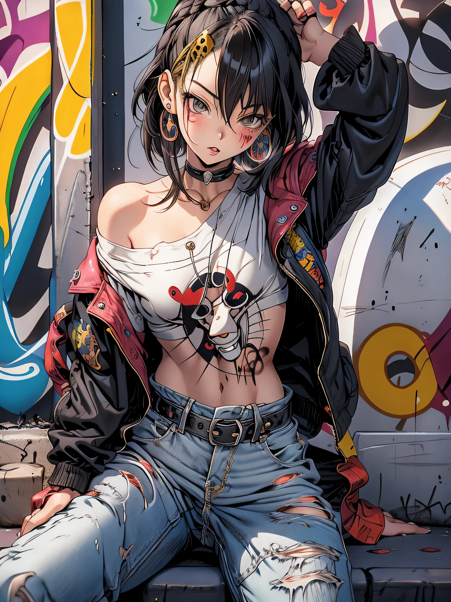 akira toriyama style、masterpiece, highest quality, pixiv, one cool girl, the strongest pirate girl, (((cute)))、small breasts、Completely naked、lips in love, dark brown hair, bob hair, gray eyes, white skin, gal, provocative、(((graffiti art))),　skull