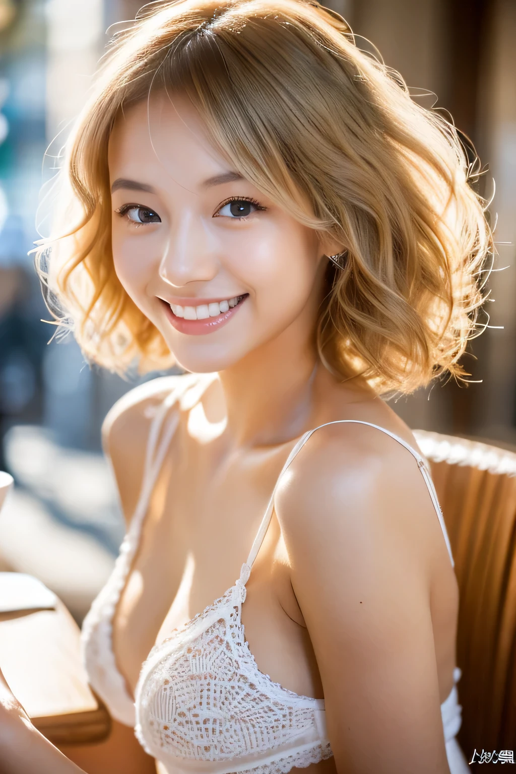 (A very cute 20 year old young woman from Japan), ((delicate hair between brown and blonde)), ((messy side wave short hair)),medium bust size、small breasts、Flashy makeup with red eyeshadow, accuracy of hands,(((clean hands))),(curly hair),(((very kind smile))), (((She is wearing white panties))),(((she is wearing a white knitted dress))) ((highest quality, 16k, table top: 1.3)), light shines on your face, highly detailed face, highly detailed lips, fine eyes, city street,slim thighs,great skin,