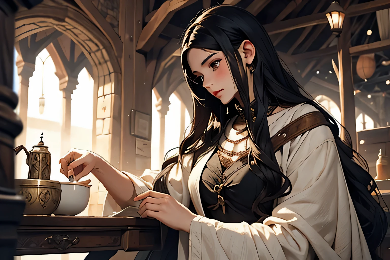 a girl with long black hair is taking care of her sick grandfather, medieval setting