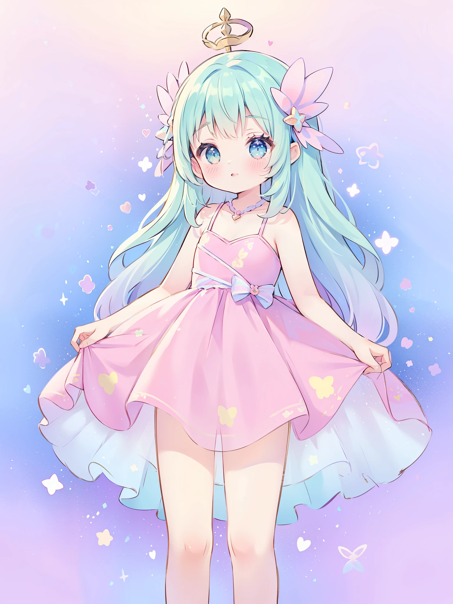 (pastel background), patterned background, (small doodles everywhere), cute hearts, stars, butterflies, cute girl, colorful gradient layered fantasy princess ballgown, magical, fantasy, whimsical, magical, multicolor, gradients, sheer shimmering fabric, sparkling stars