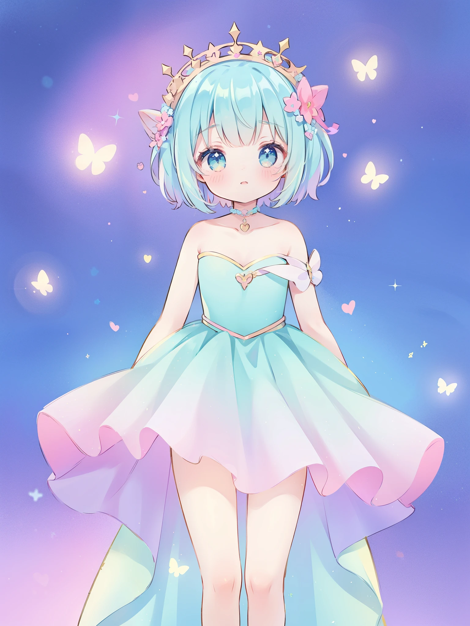 (pastel background), patterned background, (small doodles everywhere), cute hearts, stars, butterflies, cute girl, colorful gradient layered fantasy princess ballgown, magical, fantasy, whimsical, magical, multicolor, gradients, sheer shimmering fabric, sparkling stars