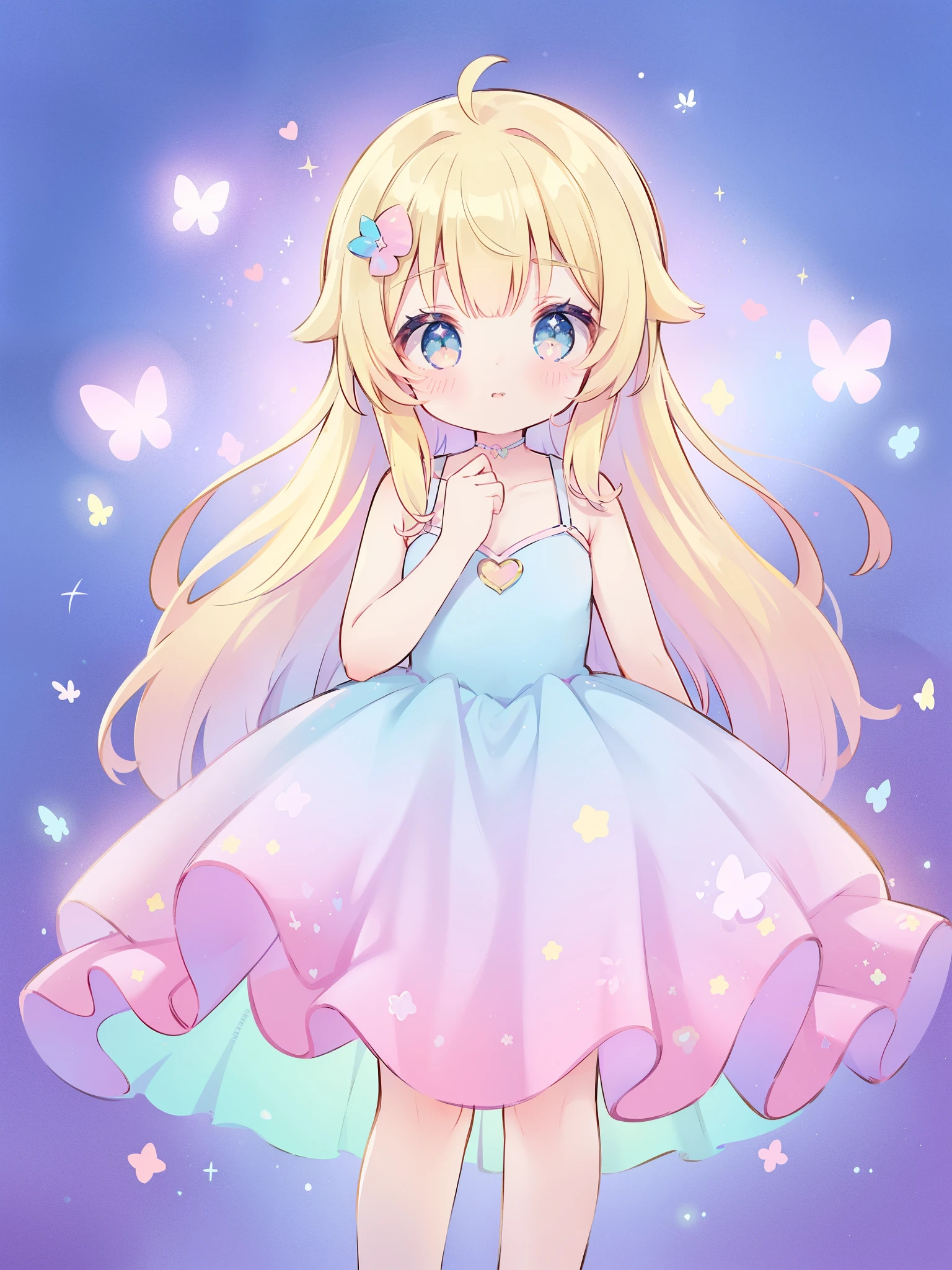 (pastel background), patterned background, (small doodles everywhere), cute hearts, stars, butterflies, cute girl, colorful gradient layered fantasy princess ballgown, magical, fantasy, whimsical, magical, multicolor, gradients, sheer shimmering fabric, sparkling stars