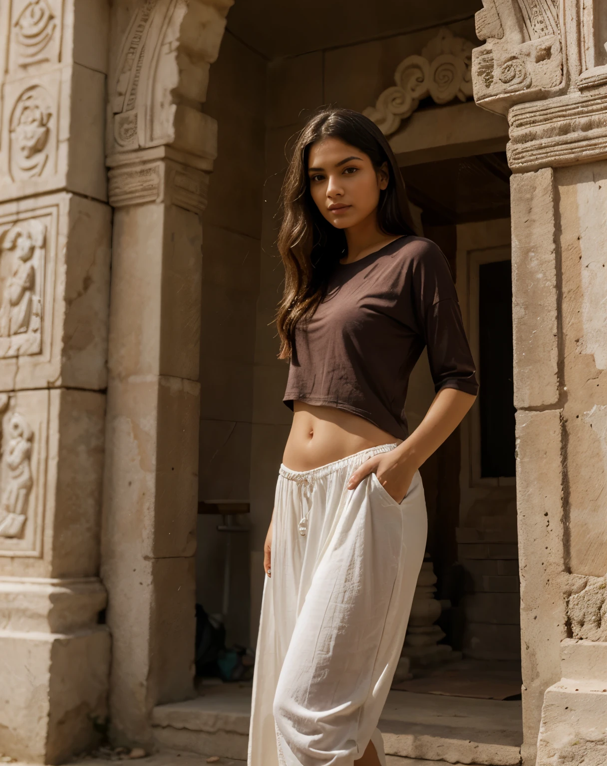 A woman dressed in comfortable clothes in front of an ancient rocky Indian temple