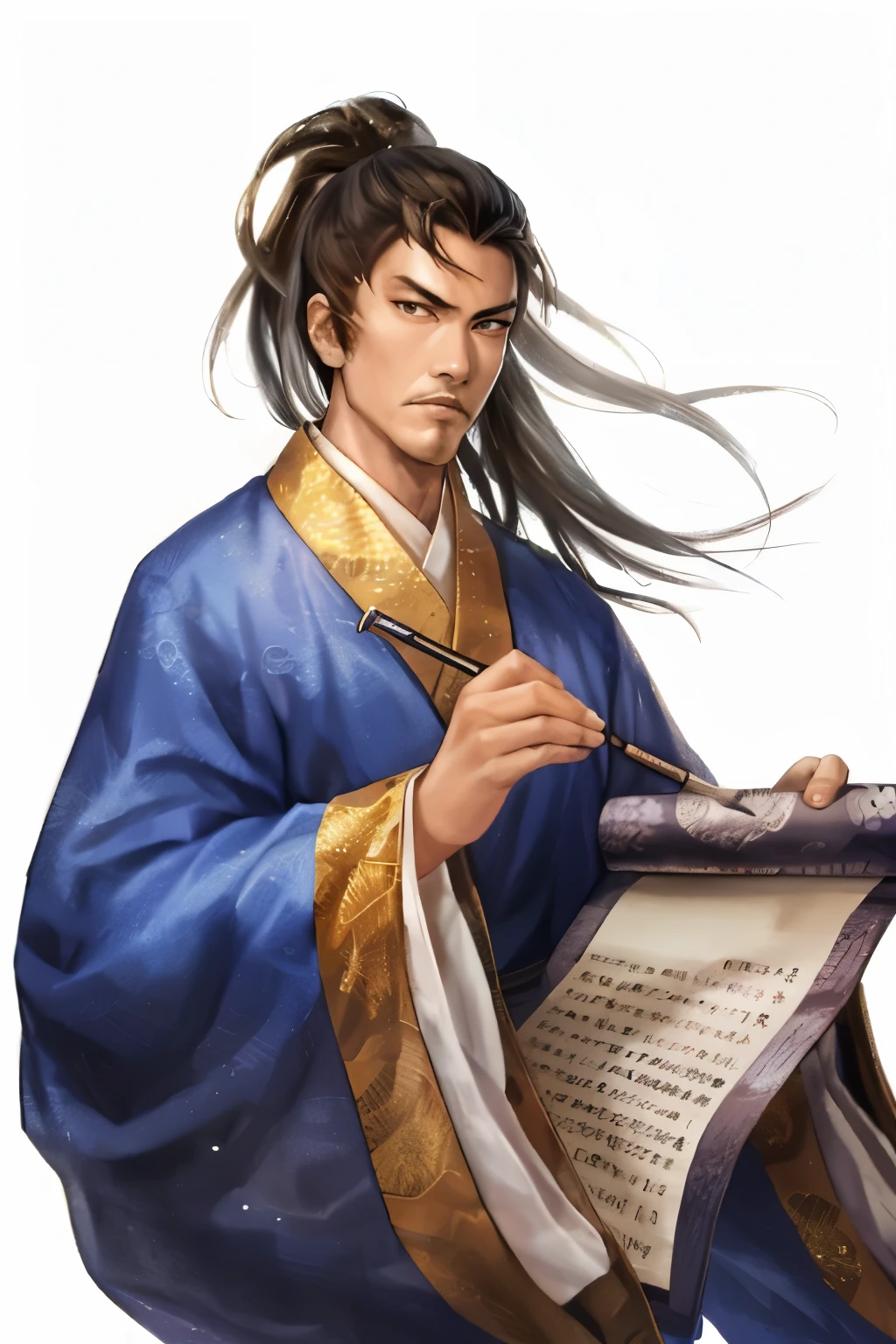 A man in a blue robe holds a scroll and pen, heise jinyao, inspired by Guan Daosheng, Inspired by Zhao Yuan, inspired by Wu Daozi, bian lian, Inspired by Dong Yuan, Inspired by Cao Zhibai, Inspired by Zhang Sengyao, shirow masamune, inspired by Zhao Mengfu, hua cheng