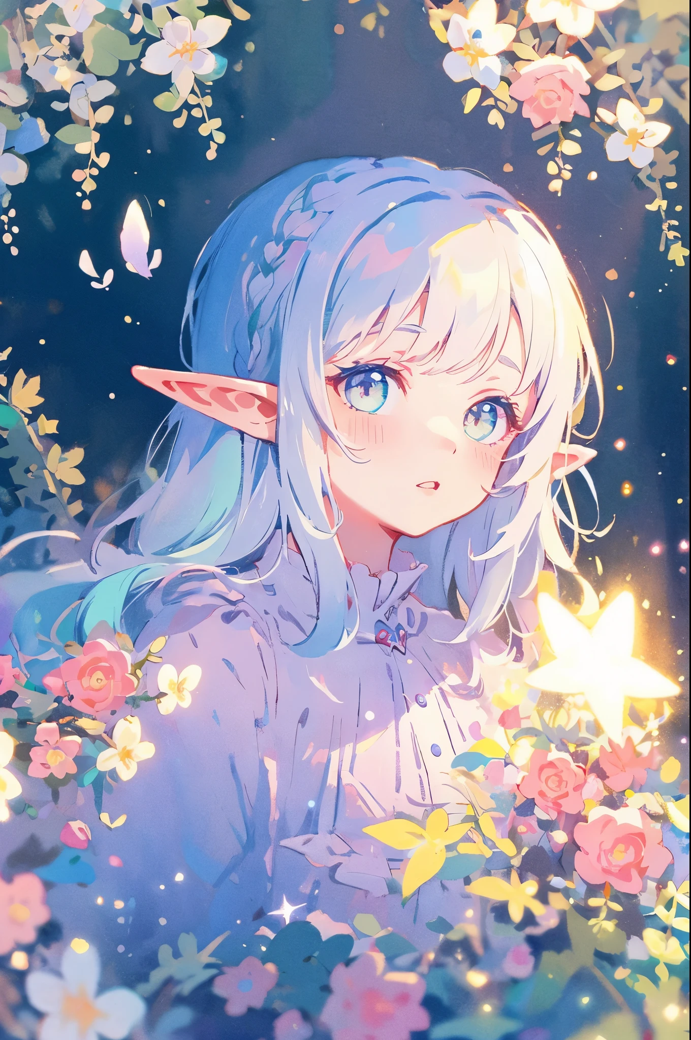 elf girl, bright colorful hair, magical, whimsical, fantasy, otherworldly, extremely detailed face, masterpiece, perfect illumination, (pastel colors)