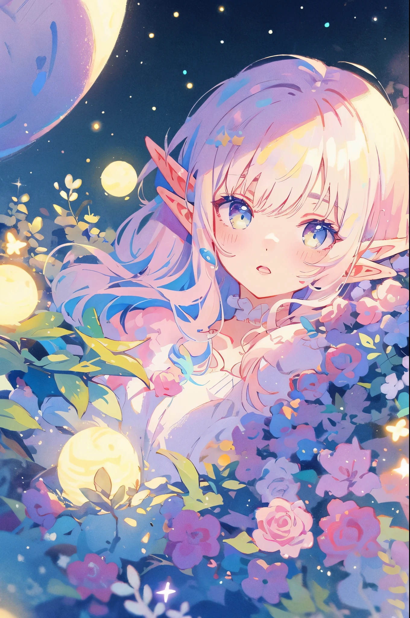 elf girl, bright colorful hair, magical, whimsical, fantasy, otherworldly, extremely detailed face, masterpiece, perfect illumination, (pastel colors)