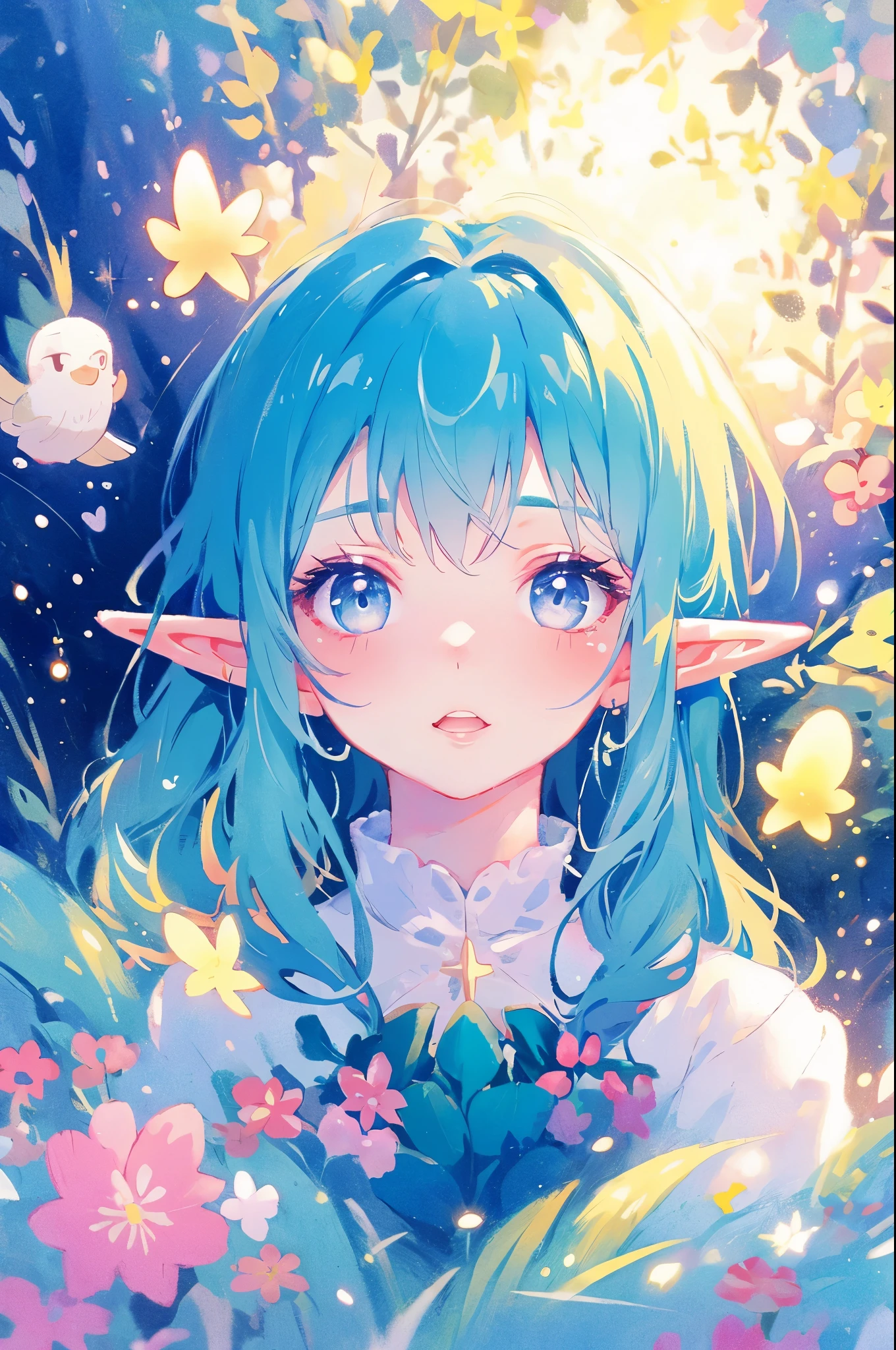 elf girl, bright colorful hair, magical, whimsical, fantasy, otherworldly, extremely detailed face, masterpiece, perfect illumination, (pastel colors)