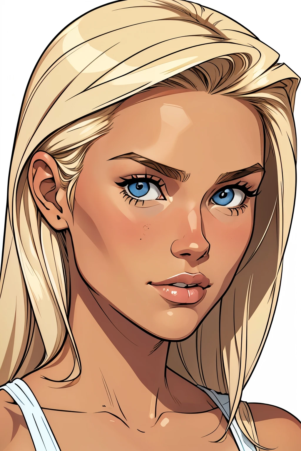 Flat colors, close up, portrait of a 25 year old surfer looking girl, tan skin, beach blonde salty hair, natural beaty, beautiful, casual, top-less, exposed small breasts,
simply white background