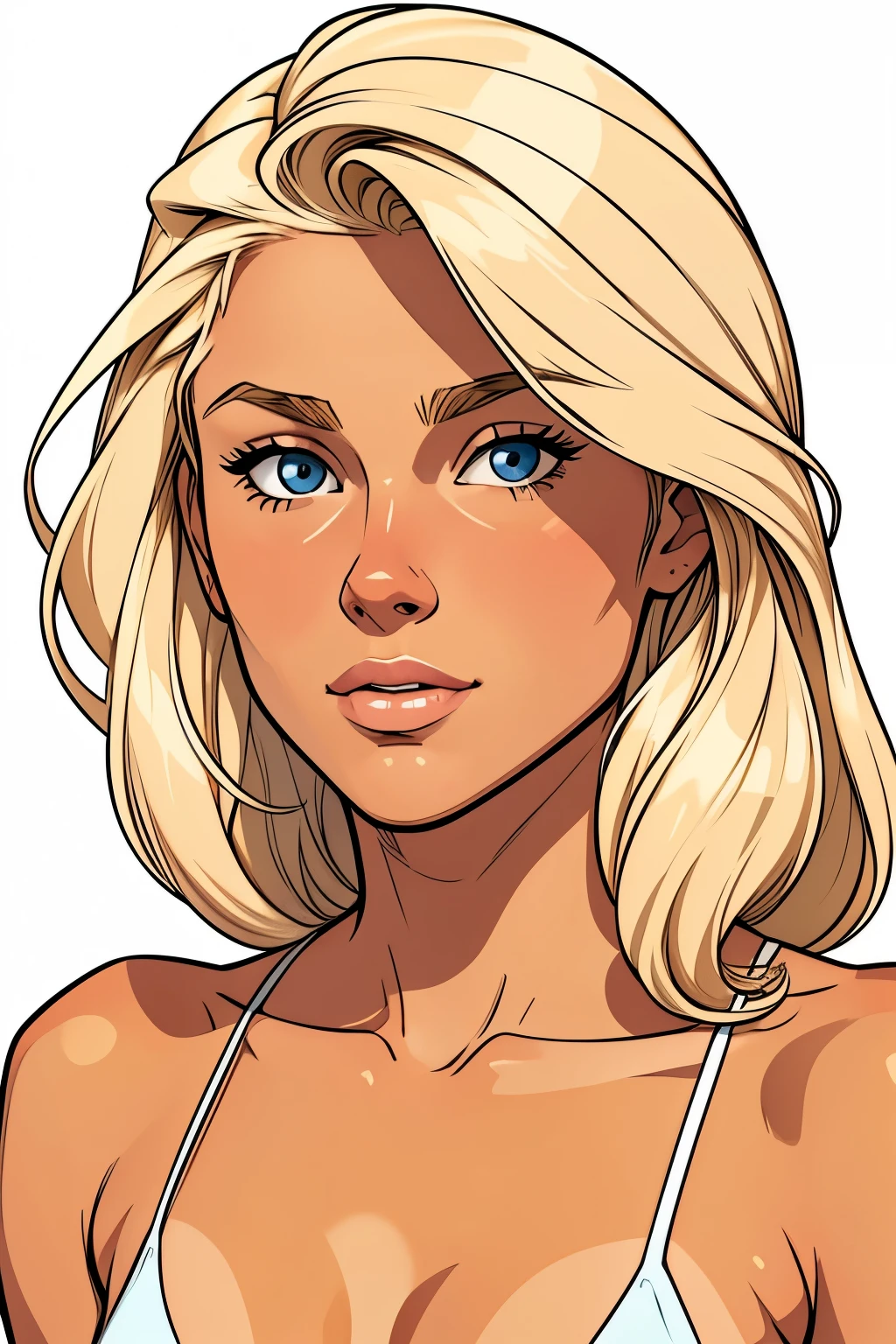 Flat colors, close up, portrait of a 25 year old surfer looking girl, tan skin, beach blonde salty hair, natural beaty, beautiful, casual, top-less, exposed small breasts, 
simply white background 