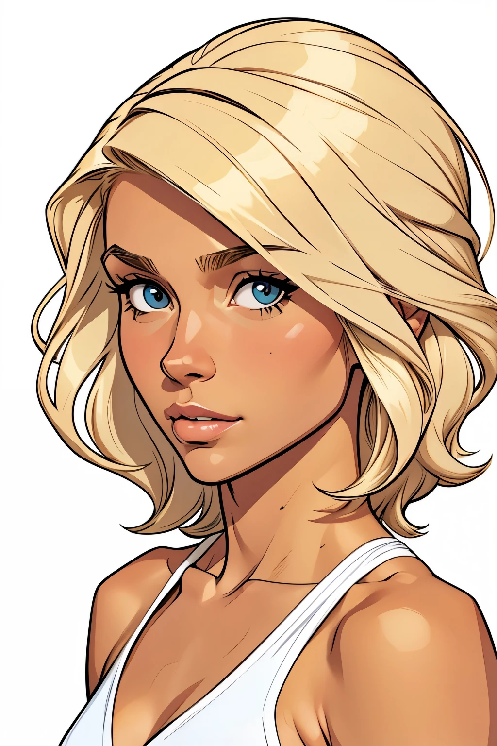 Flat colors, close up, portrait of a 25 year old surfer looking girl, tan skin, beach blonde salty hair, natural beaty, beautiful, casual, top-less, exposed small breasts,
simply white background