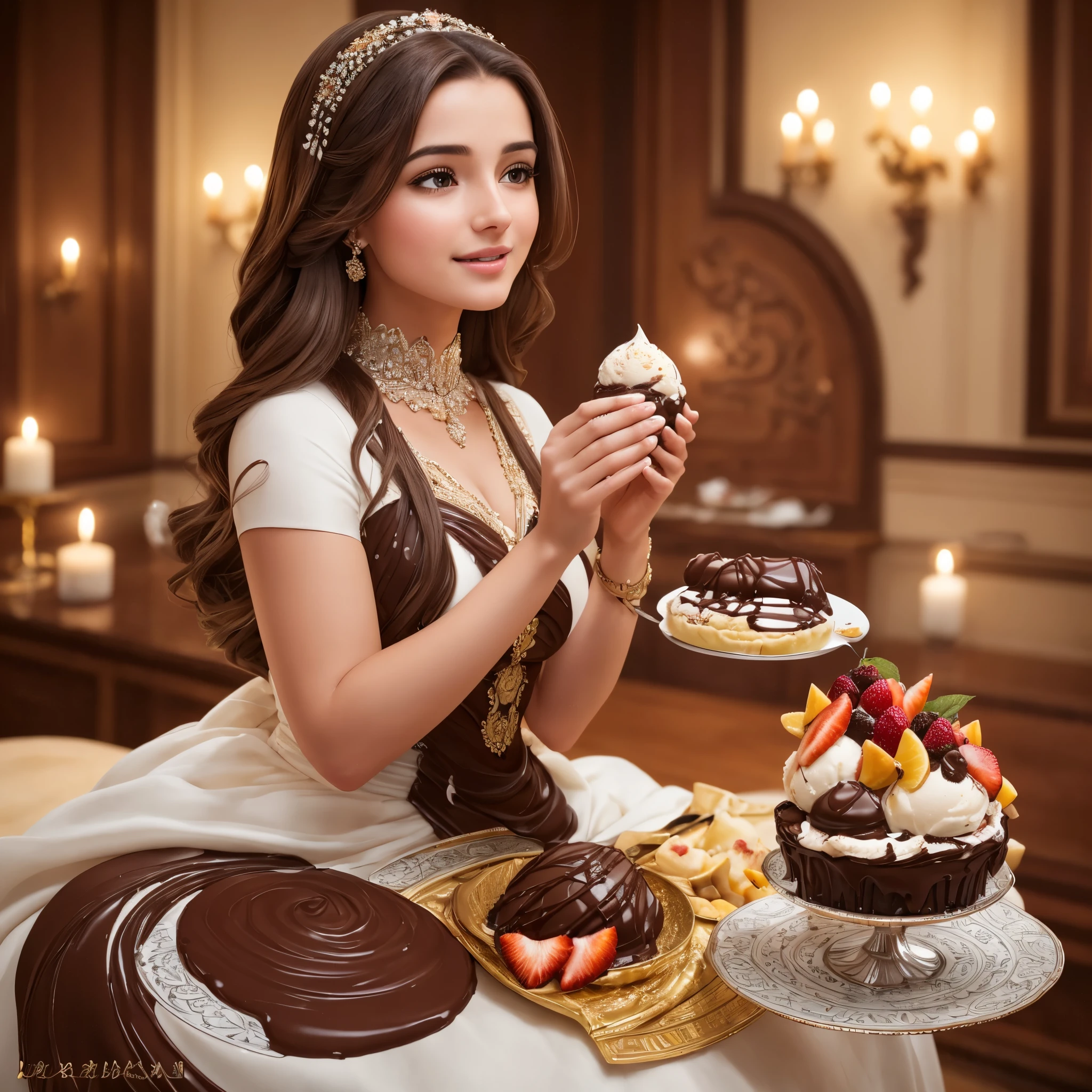 (8k, best quality, masterpiece:1.1), A beautiful girl with brown hair and captivating eyes, (Realistic, photo-realistic:1.37), is delightfully savoring an ice cream adorned with an abundance of chocolate and luscious fruits. The girl is elegantly dressed in a white gown with intricately beautiful decorations, her engagement with the dessert exuding a playful and appetizing atmosphere.
(High resolution,detailed,professional photography, ultra-realistic,) A freshly scooped ice cream cone, generously smothered in decadent chocolate and succulent fruits, is being relished by a stunning br