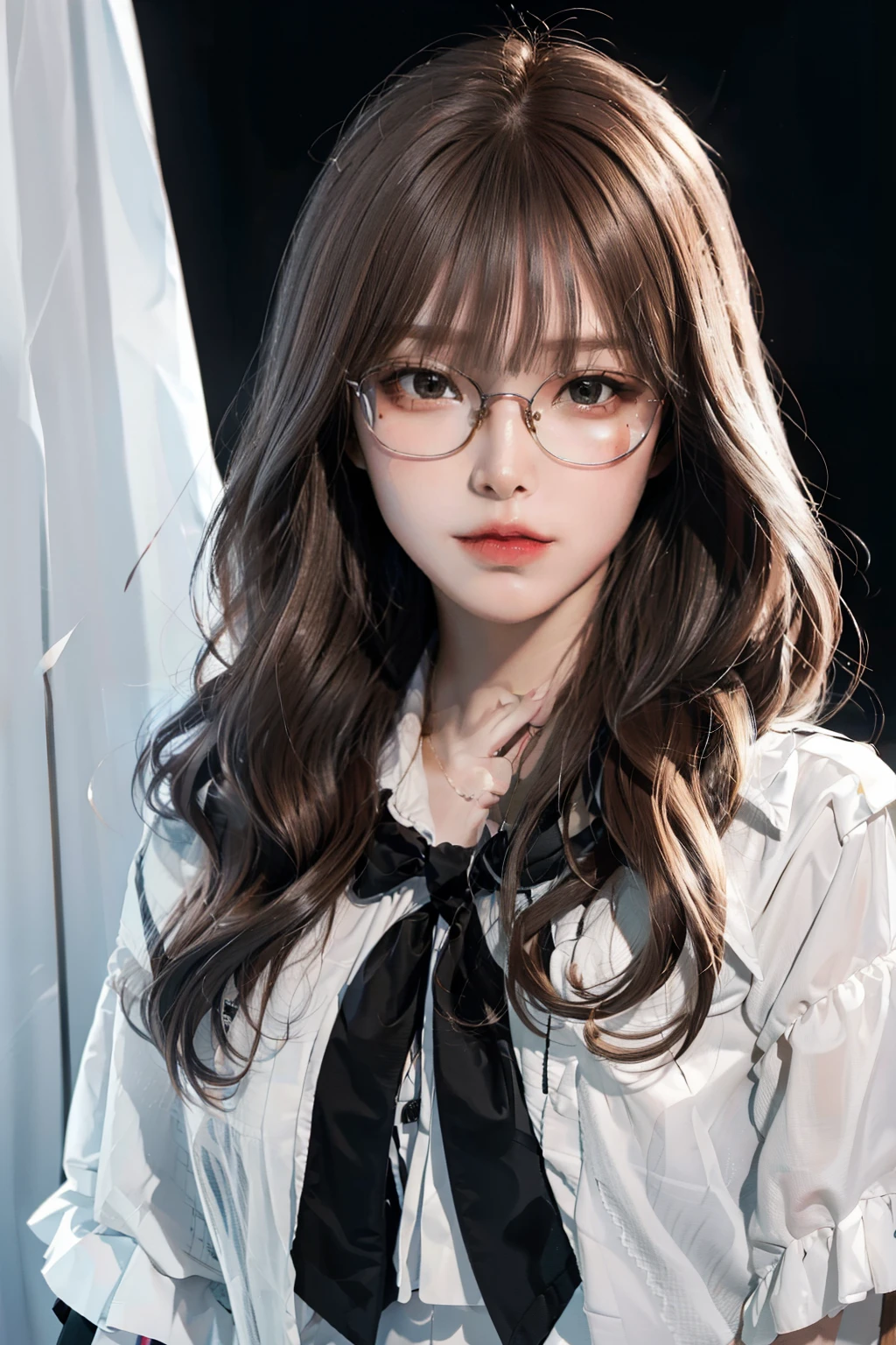 ultra high res.photo realistic: 1.4. UDH. Seaart Prompt Studio, girl with brown hair, wearing black square glasses, douyin, wave bangs, Feathered Layers with Curtain Bangs