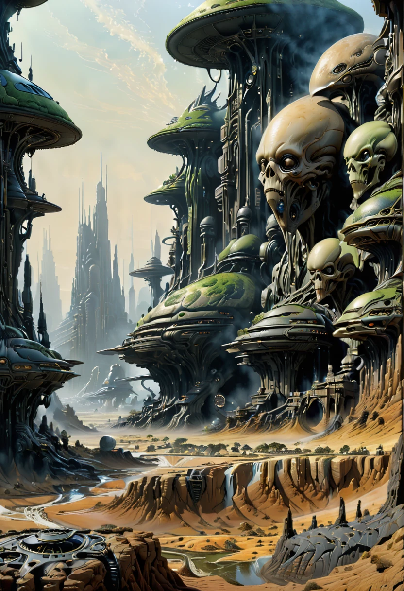 Alien Landscape, row of buildings, by Ralph McQuarrie, best quality, masterpiece, very aesthetic, perfect composition, intricate details, ultra-detailed