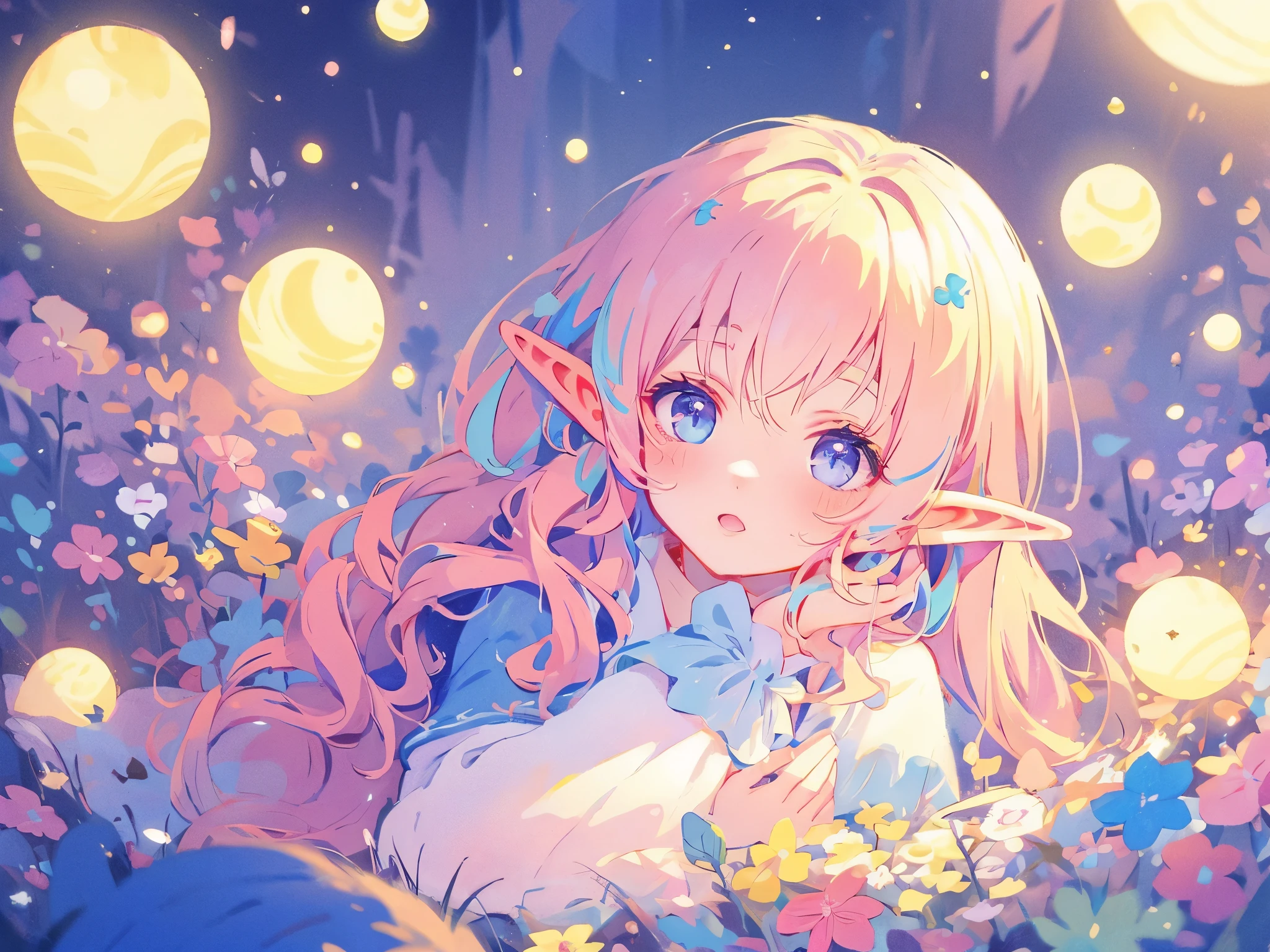 elf girl, bright colorful hair, magical, whimsical, fantasy, otherworldly, extremely detailed face, masterpiece, perfect illumination, (pastel colors)