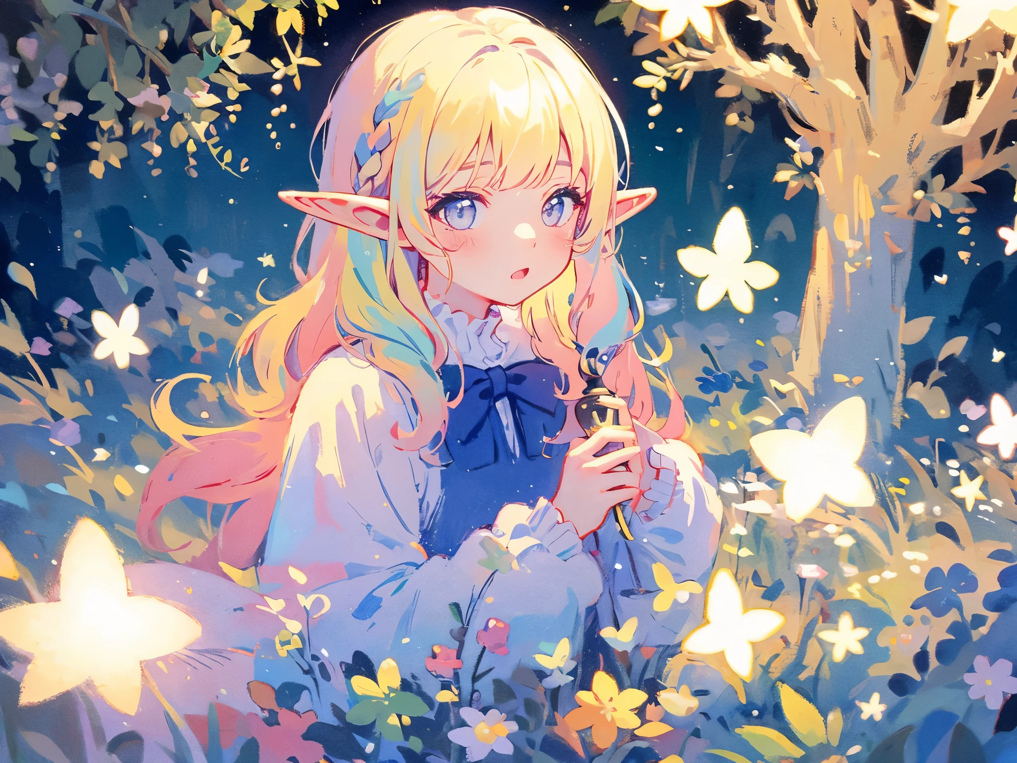 elf girl, bright colorful hair, magical, whimsical, fantasy, otherworldly, extremely detailed face, masterpiece, perfect illumination, (pastel colors)