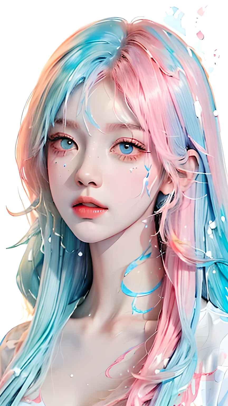 (masterpiece, best quality, High resolution), White background, acrylic paint, ((color splash, splash ink, color splash)), sweet chinese girl, Long light blue hair, [light blue|Pink] hair, Curly hair, flash, peach lips, White shirt, front, Upper body